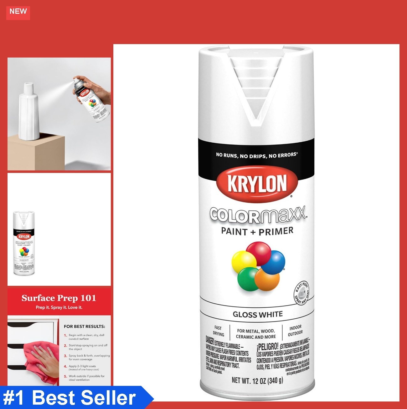 Spray Paint 12 Oz Gloss White Acrylic for Interior Exterior Wood Metal Plastic