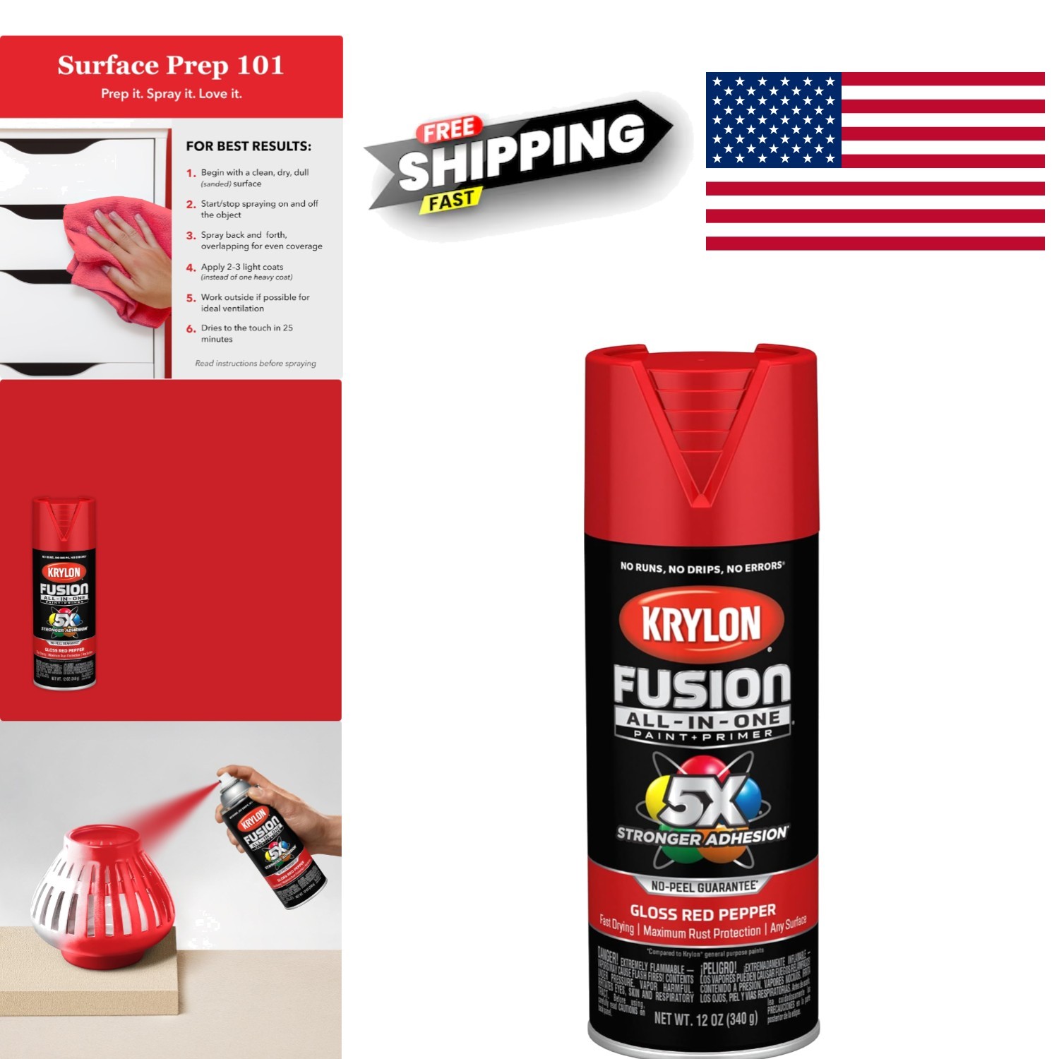 Fusion All In One Adhesive Spray Paint 12 Ounce Red Pepper for Indoor Outdoor