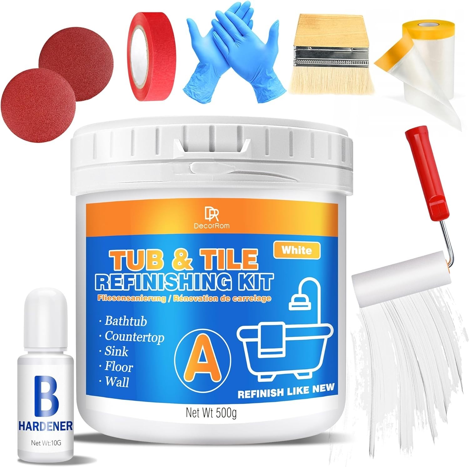 Tub and Tile Refinishing Kit – 17Oz Semi-Gloss White Tile Paint with Tools for B