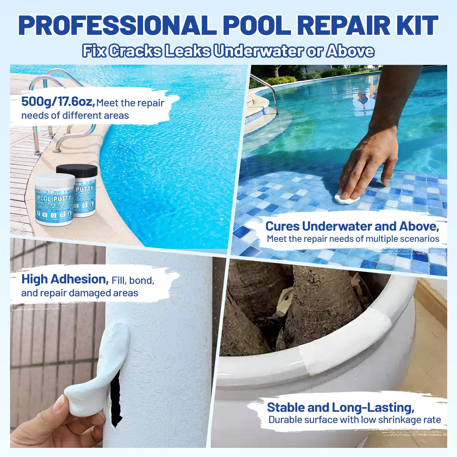 Pool Putty, 17.6oz/500g 2 Part Epoxy Putty for Underwater or White