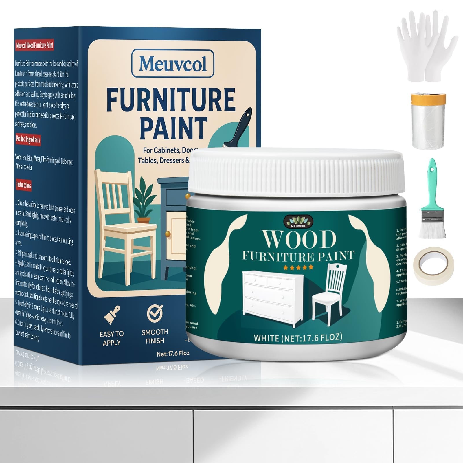 Furniture Paint for Wood & Cabinets – 17.6 Oz White Matte Finish, No Sandi