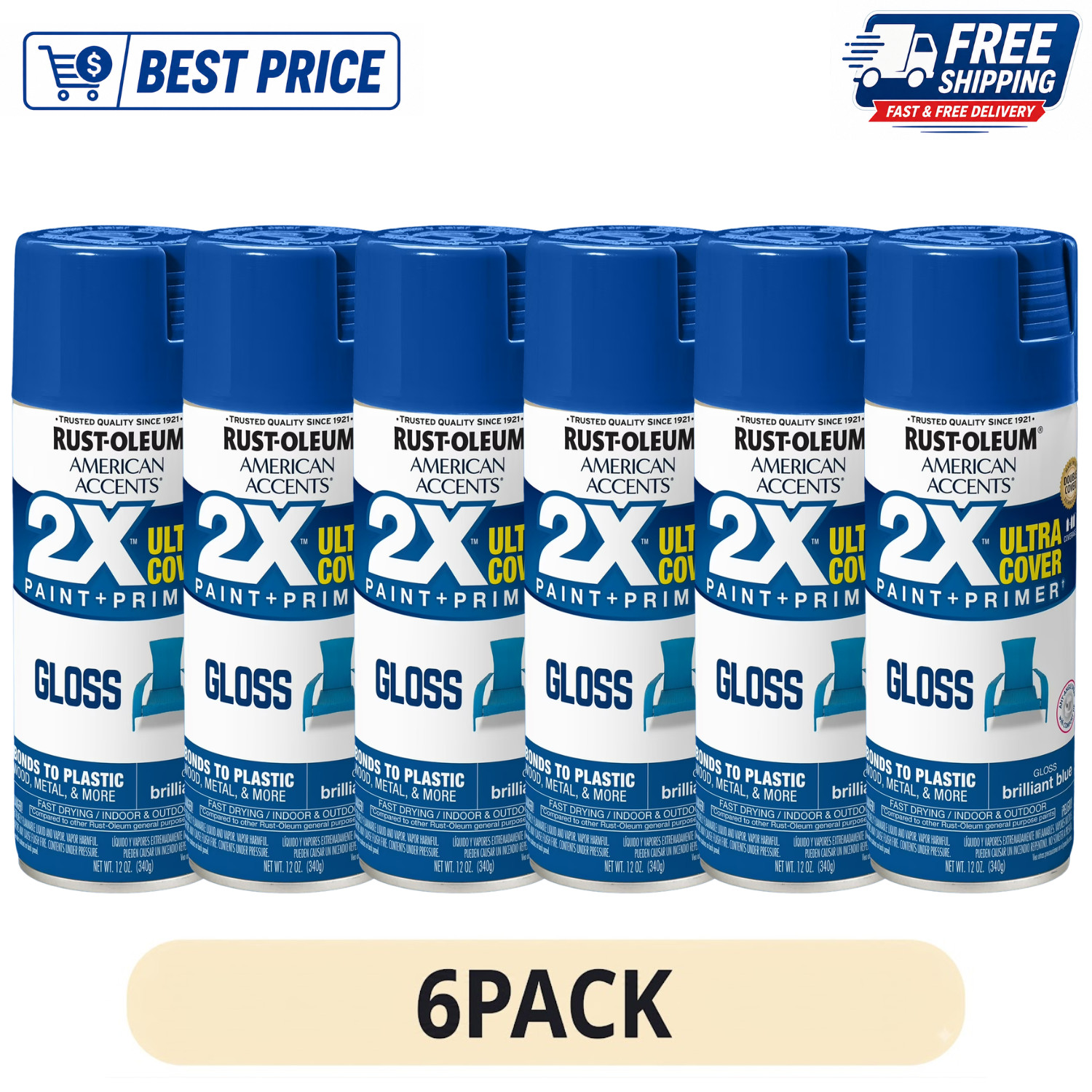 6 Pack Rust-Oleum American Accents 2X Ultra Cover Brilliant Blue Gloss 12 oz
