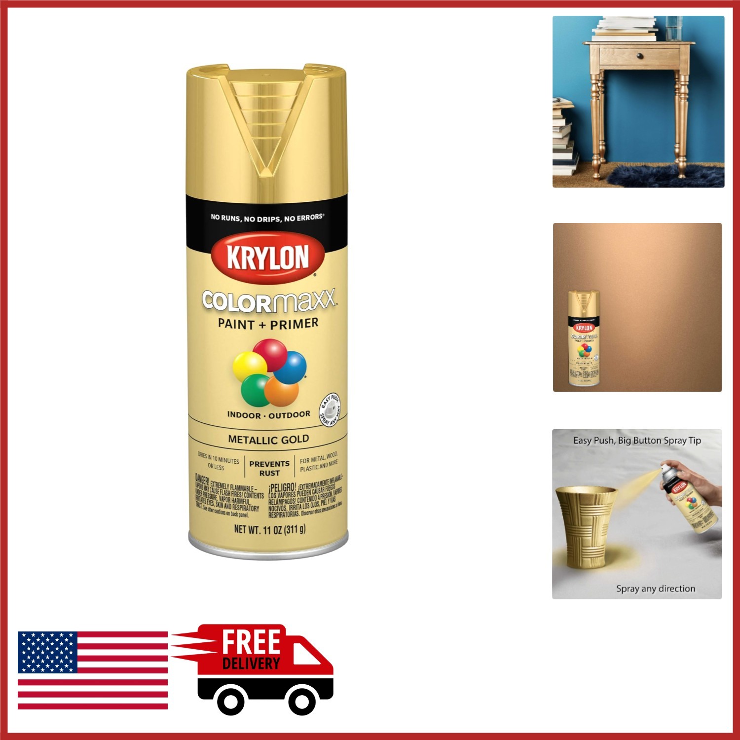 Metallic Gold Spray Paint and Primer for Indoor/Outdoor Use 11 Ounce Can