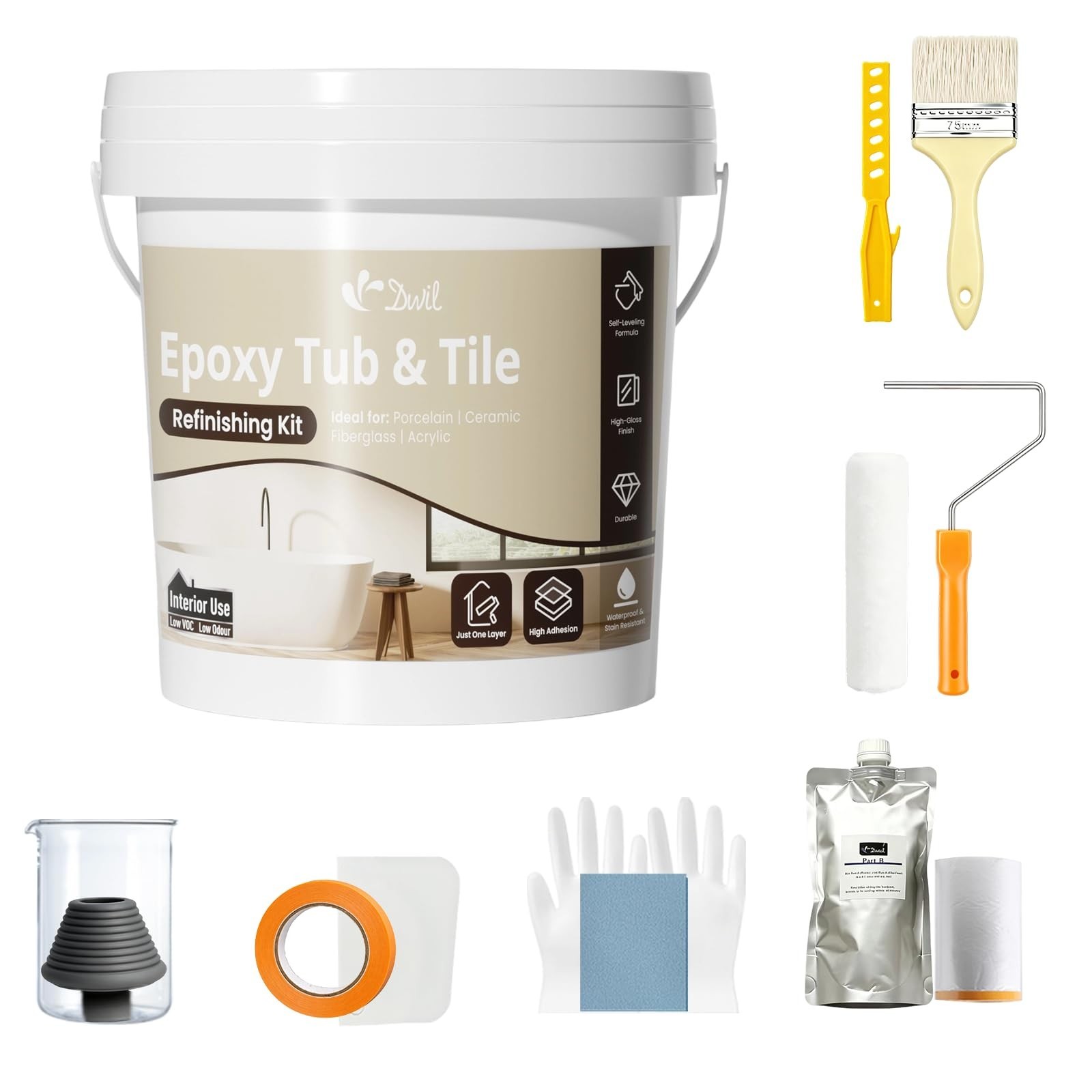 Epoxy Tub Refinishing Kit – Waterproof, Low Odor, High Gloss White Paint for Bat
