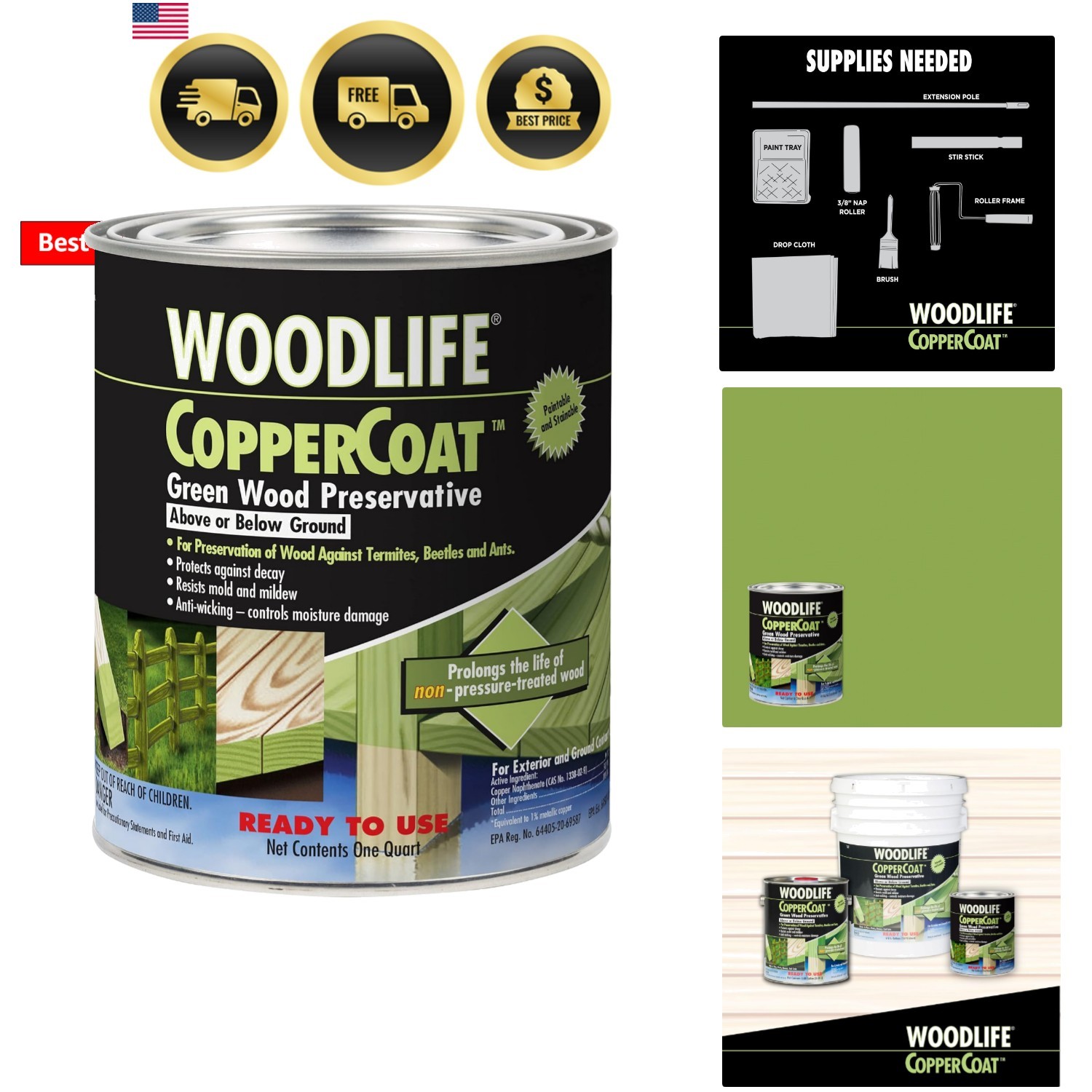 1904A WOODLIFE CopperCoat Green Wood Preservative, Quart
