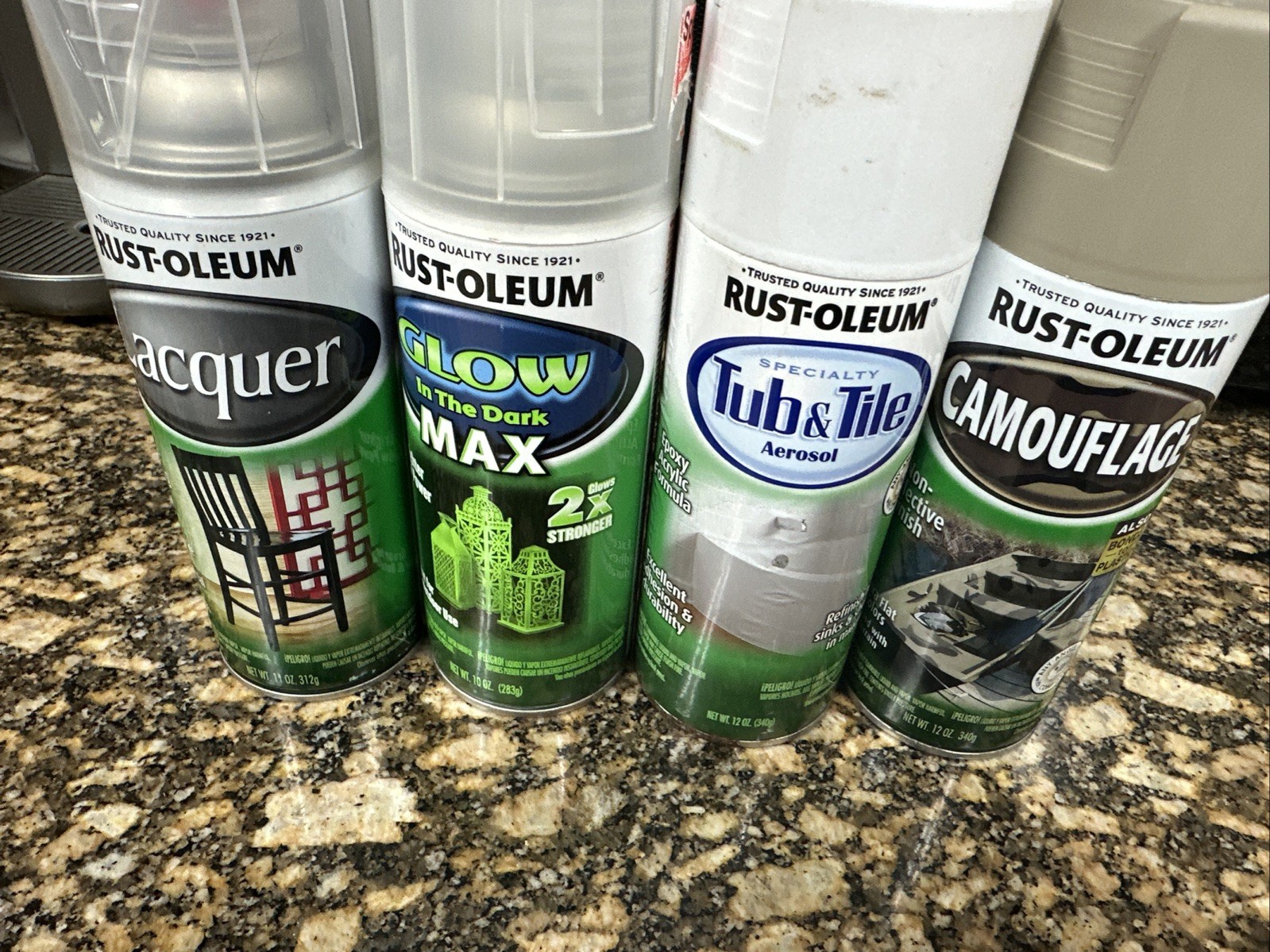 Rust-Oleum Specialty Spray Paint Lot 4 Cans Glow In Dark, Camouflage, Lacquer