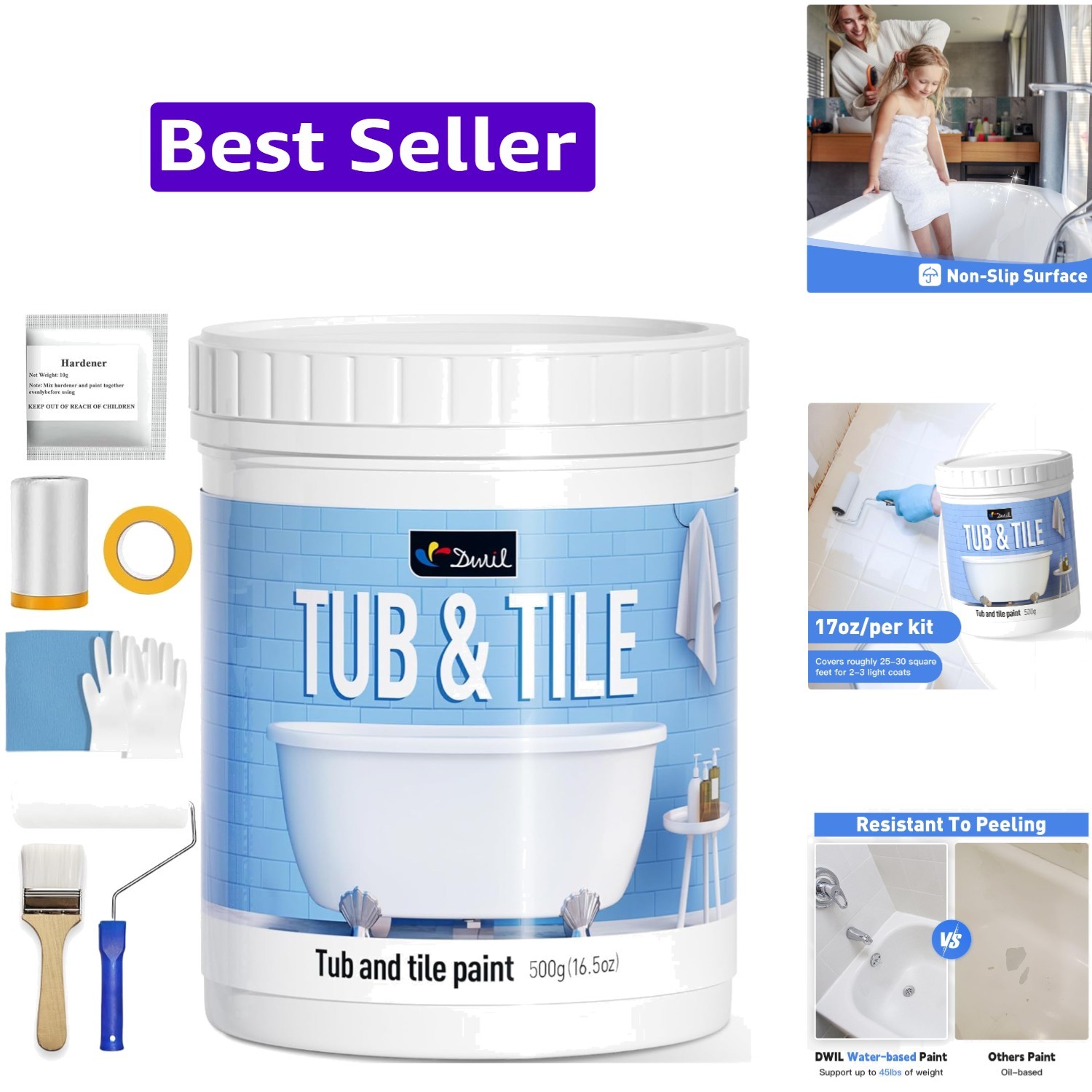 Tub and Tile Refinishing Kit with Tools – Low Odor Bathtub Paint, Anti Slip f…