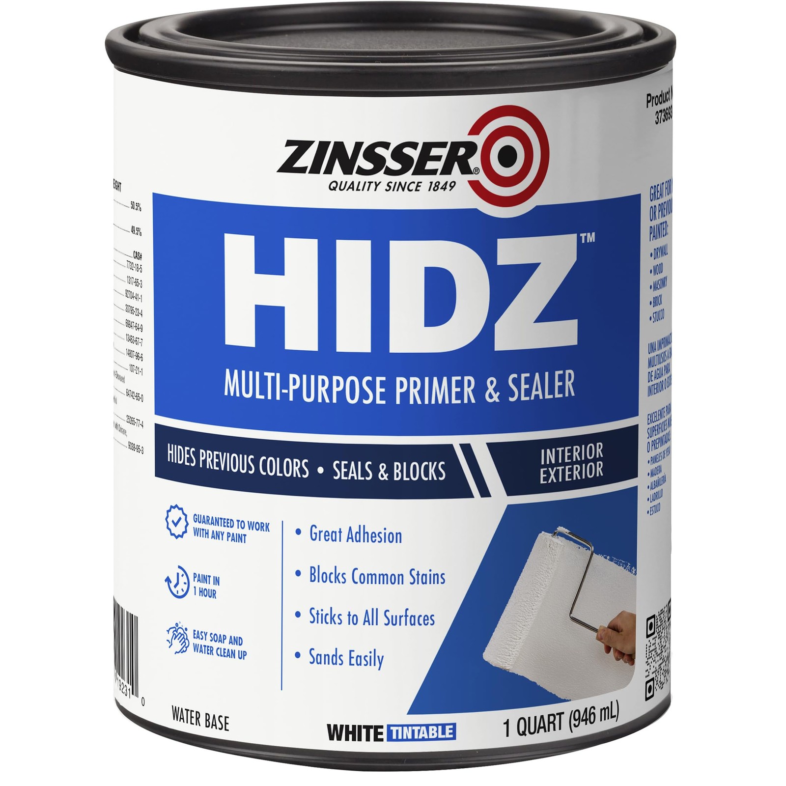 Zinsser 373693 HIDZ Multi-Purpose Primer and Sealer, Quart, Flat White