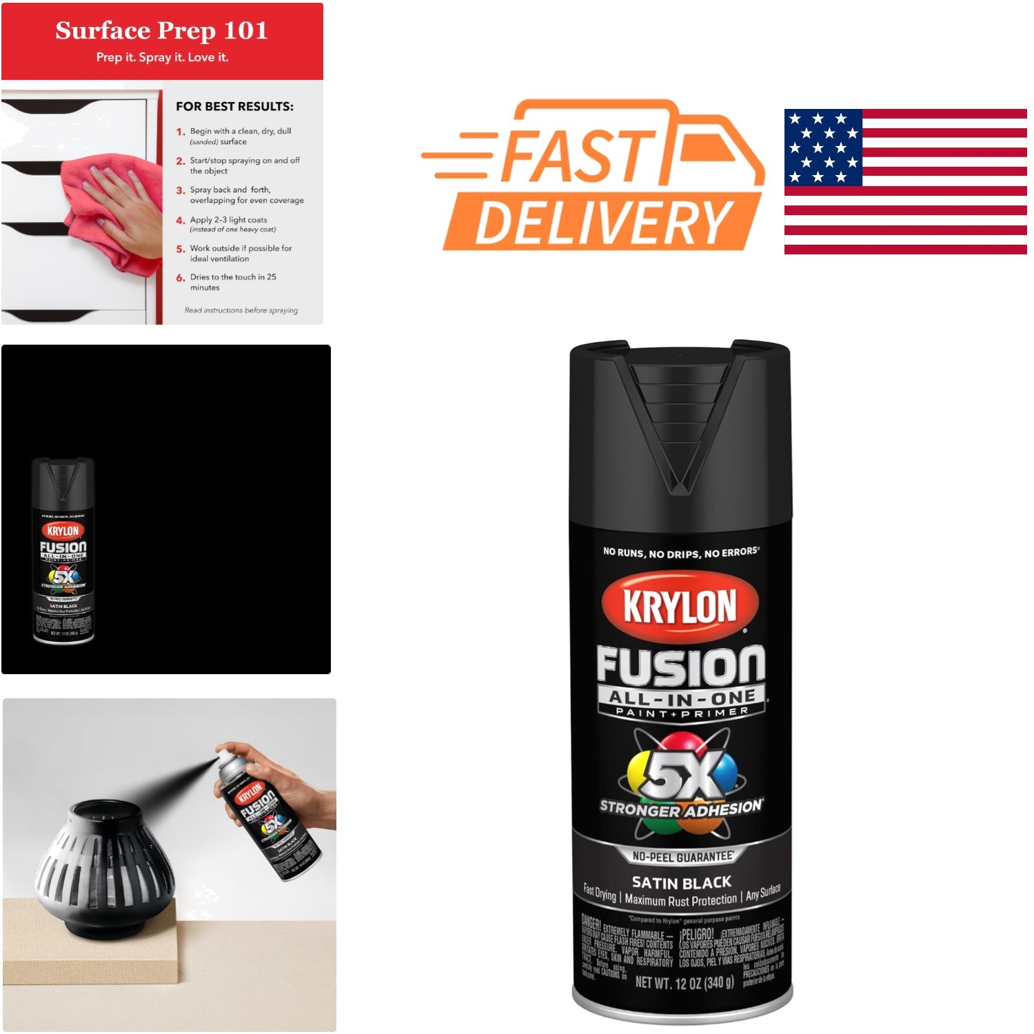 Indoor Outdoor Spray Paint 12 Ounce Black Strong Adhesion for Multiple Surfaces