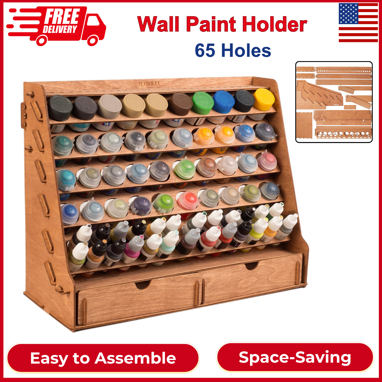 Wall Paint Holder – Works For Warhammer 40K, DnD, Other Figurines – 65 Holes
