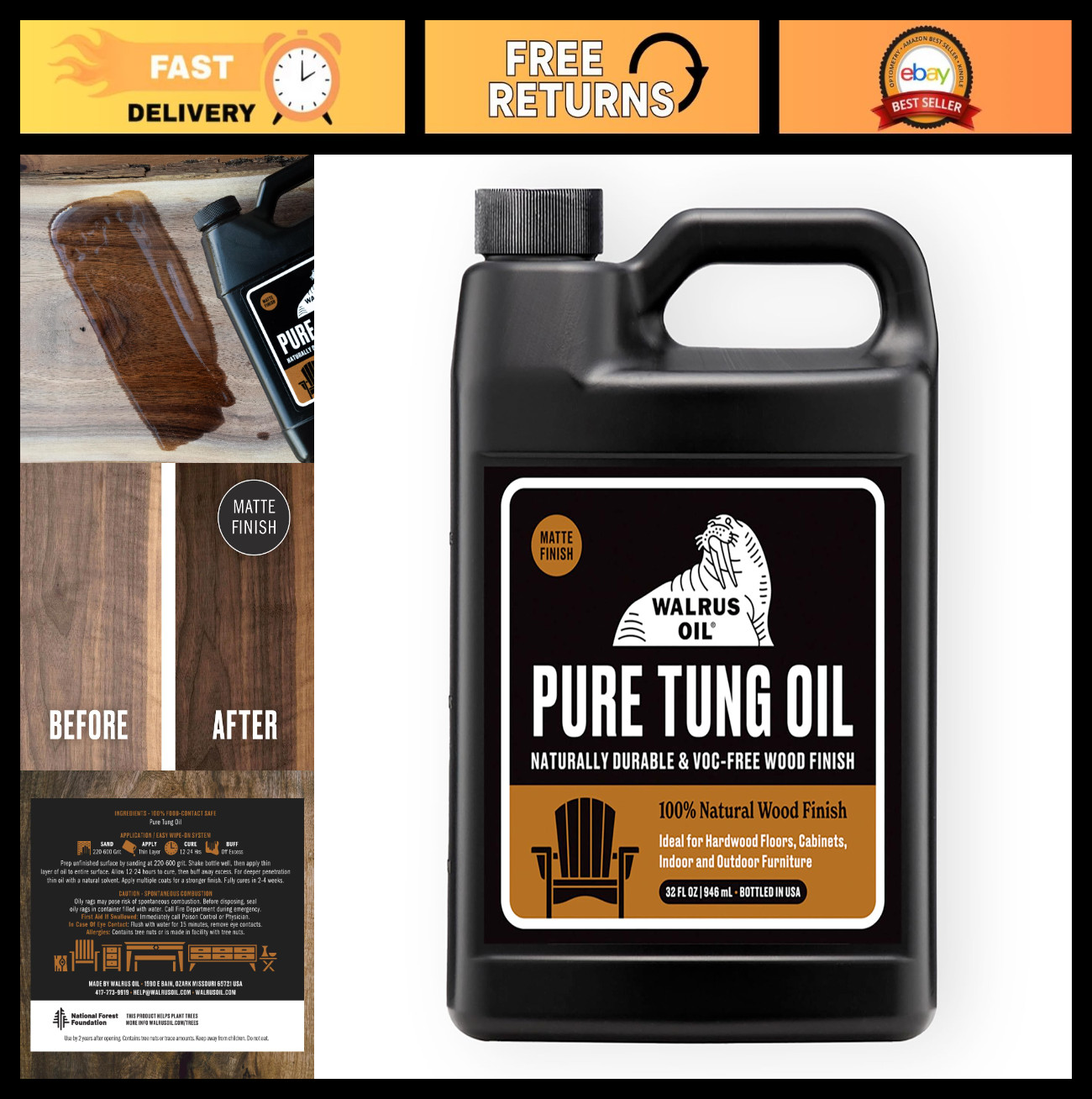 100% Pure Tung Oil – Natural Wood Finish, Vegan & Food-Safe, 32oz Jug for Woodwo