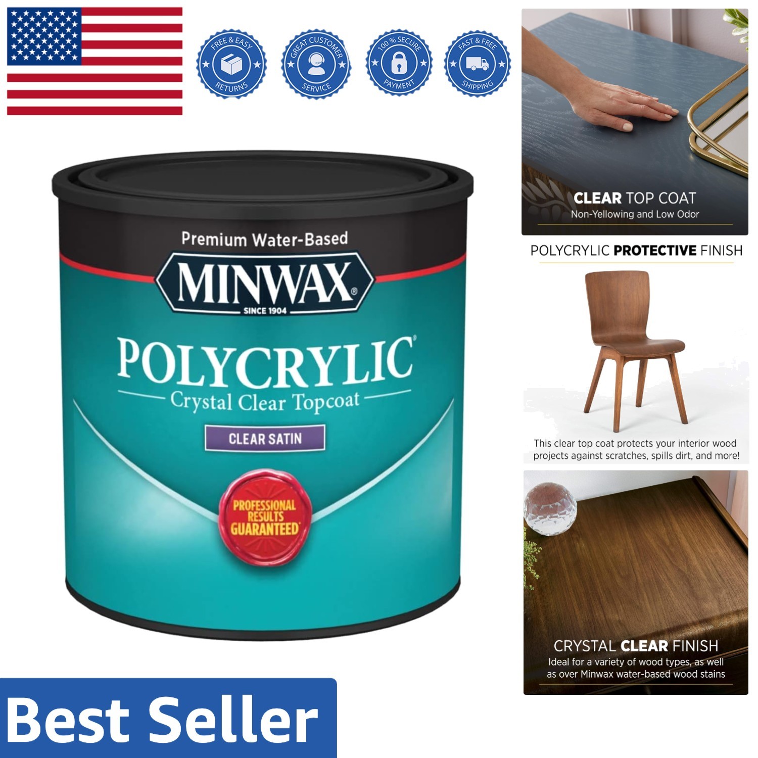 Clear Satin Polycrylic Protective Finish – ½ Pint for Wood Projects