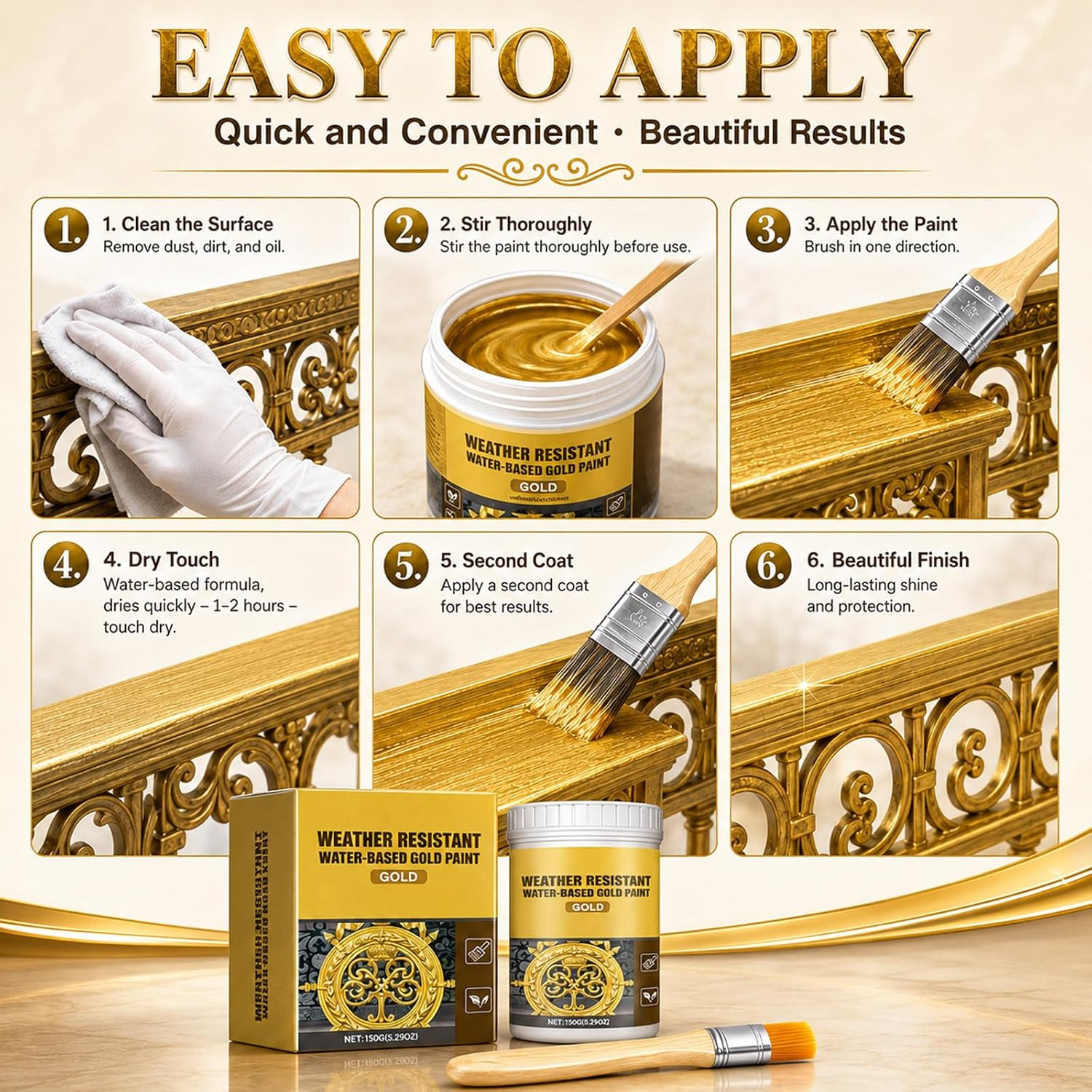 2PCS Weather Resistant Water Based Gold Paint, Water-Based Paint for Outdoor & I