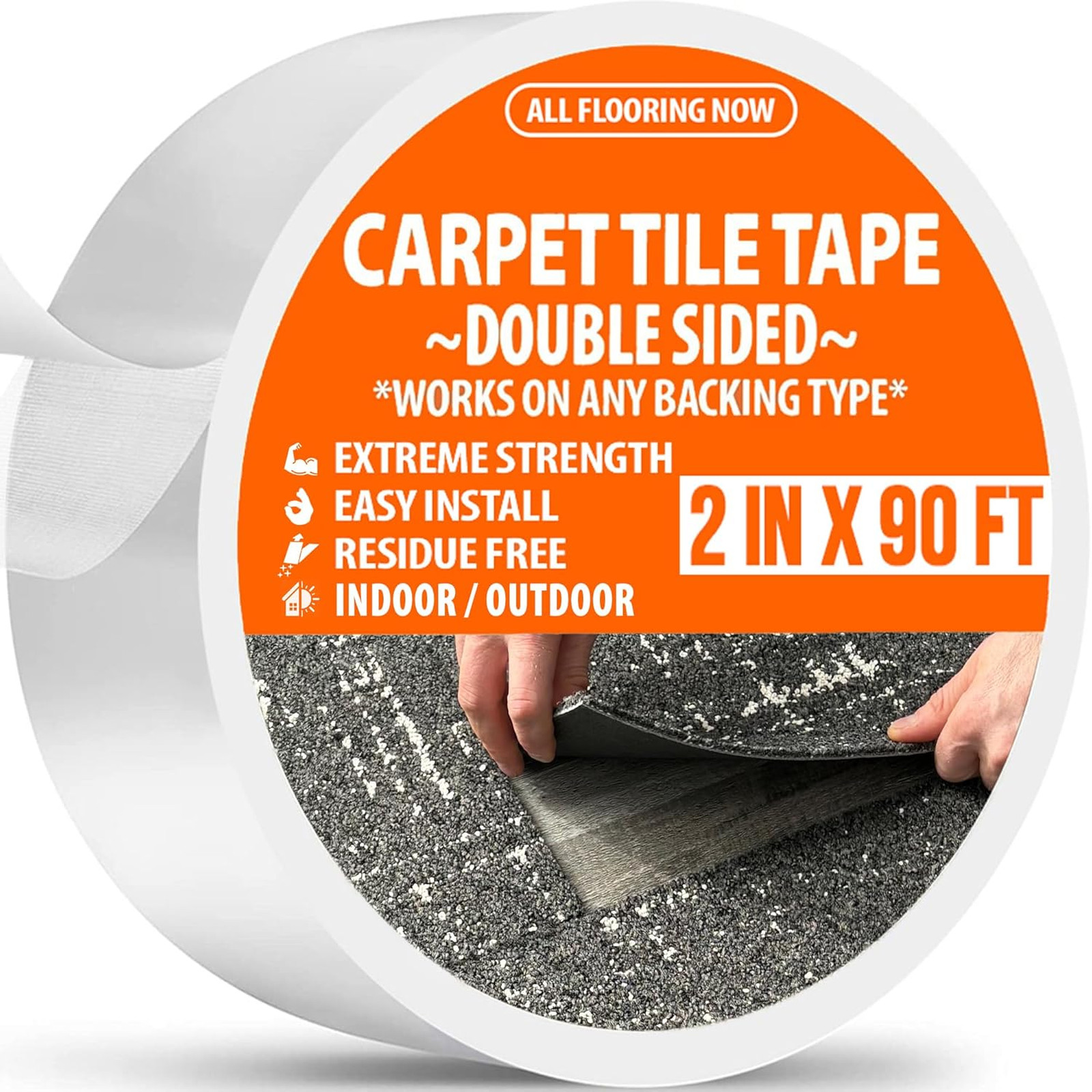 Double Sided Carpet Tile Tape Heavy Duty Reinforced Web Mesh 2in x 90ft Indoor
