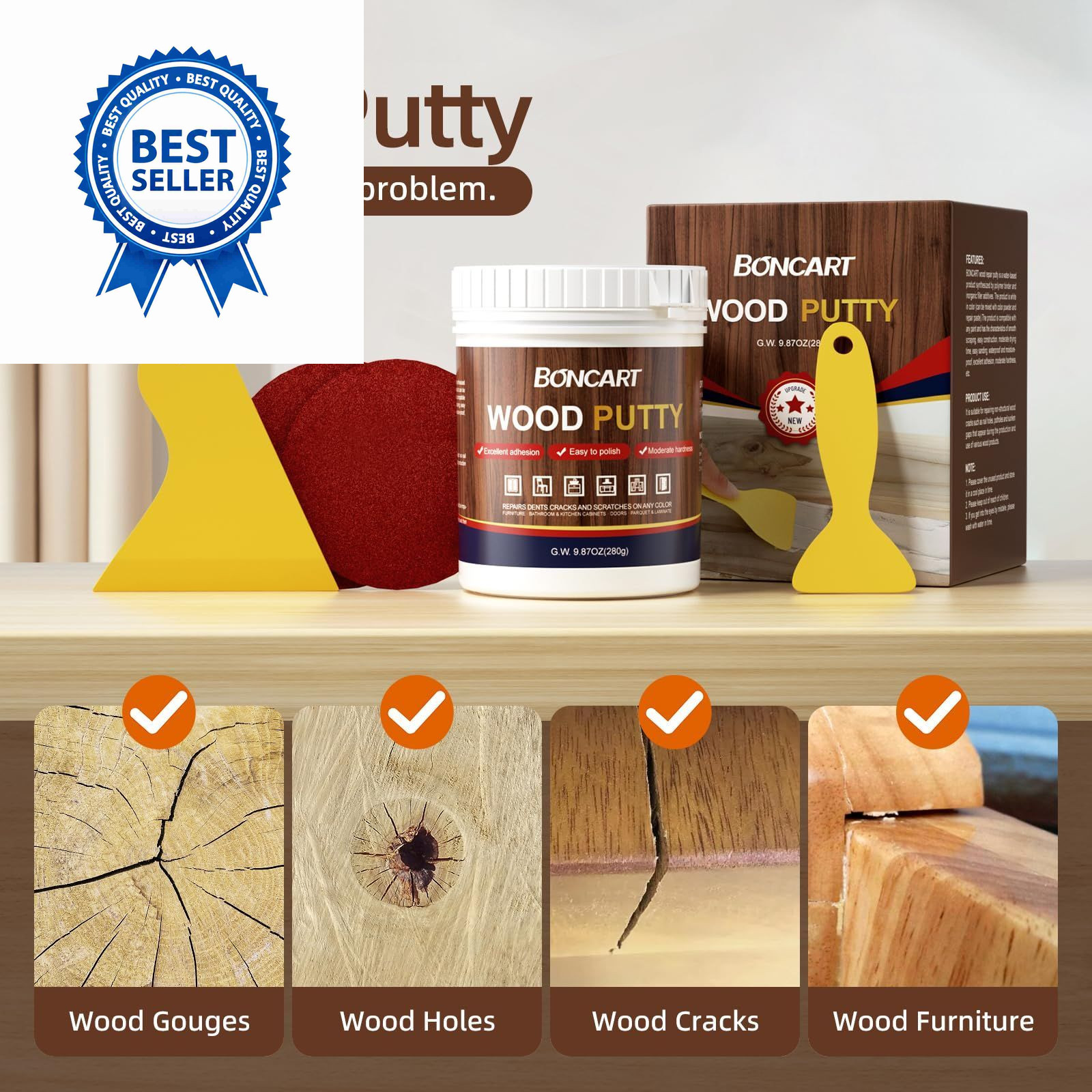 BONCART Wood Filler – Ebony, Paintable, Stainable, Sandable. Quickly Ebony