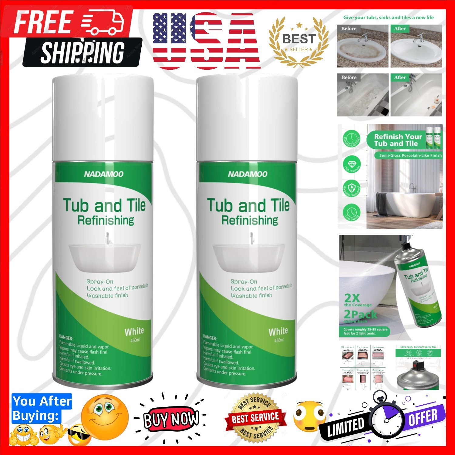 White Bathtub and Tile Refinishing Spray Paint Kit, 450ml 2 Pack, Semi-Gloss …