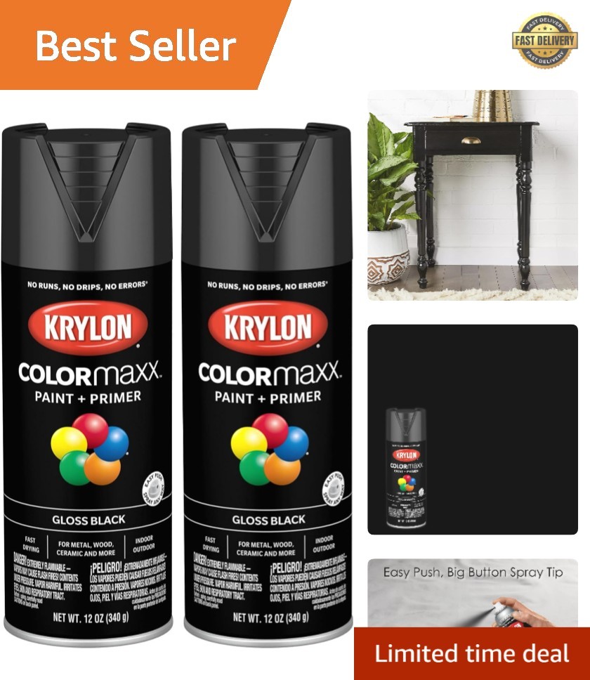Versatile COLORmaxx Gloss Black Spray Paint & Primer – 2 Can Bundle, 25 sq ft