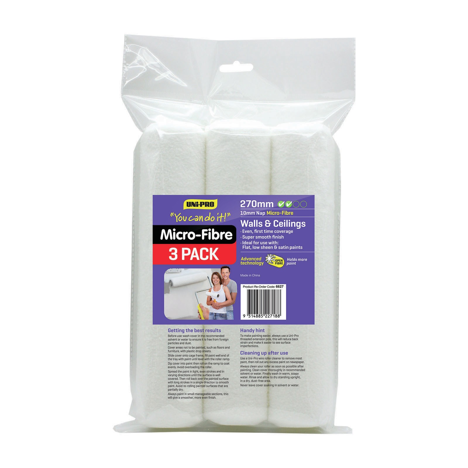 UNi-PRO 270mm 10mm Nap You Can Do It Microfibre Roller Cover – 3 Pack
