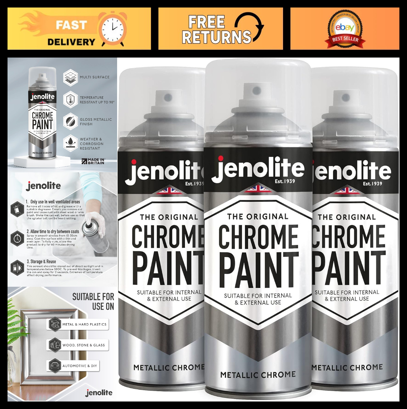 Chrome Spray Paint – Smooth Finish for Metal, Plastic & More – Multi-Surface, 3x