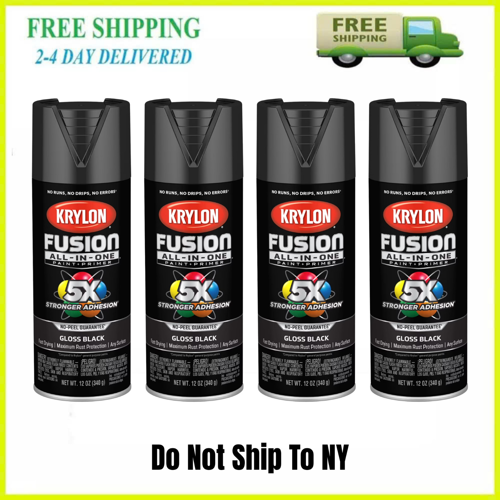 4 Pack Krylon Fusion All-In-One Spray Paint Gloss Black 12 oz K02702007 New