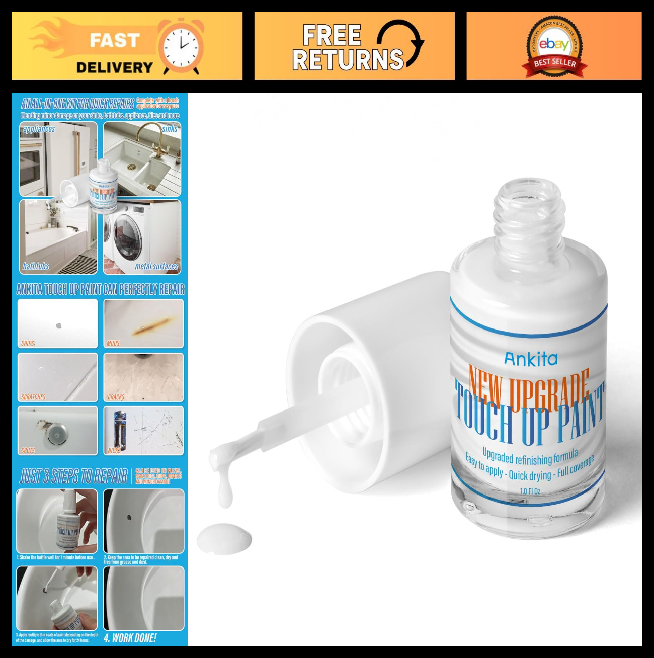 High-Gloss Porcelain Repair Kit – Touch Up Paint for Sinks, Tubs, Chips & Cracks