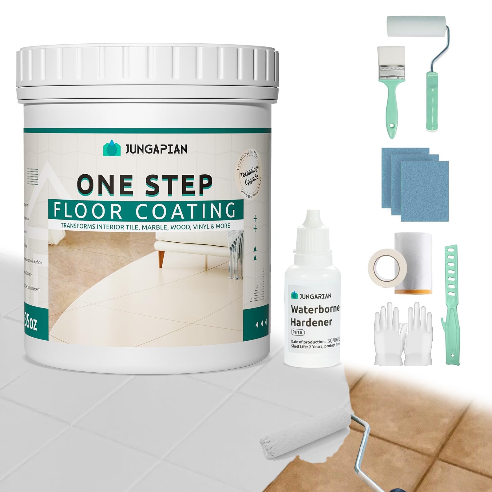 JUNGARIAN All-In-One Interior Floor Coating Kit, Water-based & Low Odor One-Step