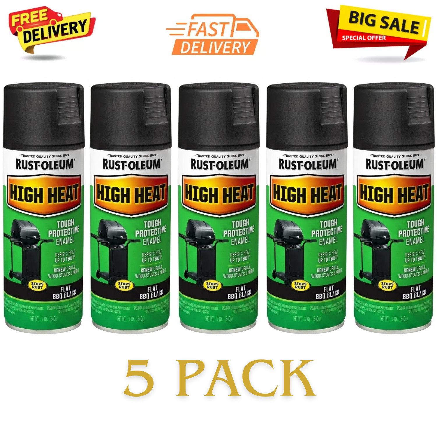 Rust-oleum High Heat Bar-B-Que Black Flat Spray Paint, 7778830, 12 Oz (5 Pack)