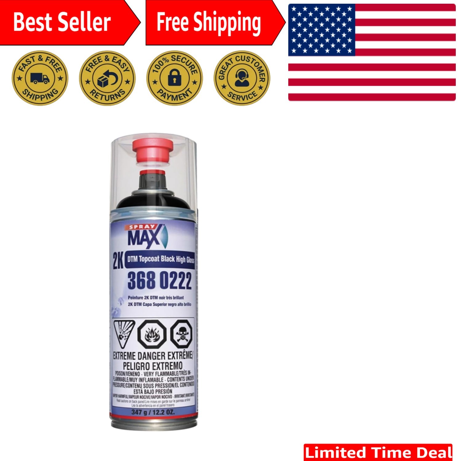 Versatile 2K Black Gloss Spray Paint – Ideal for Interior & Exterior Use 12.2 oz