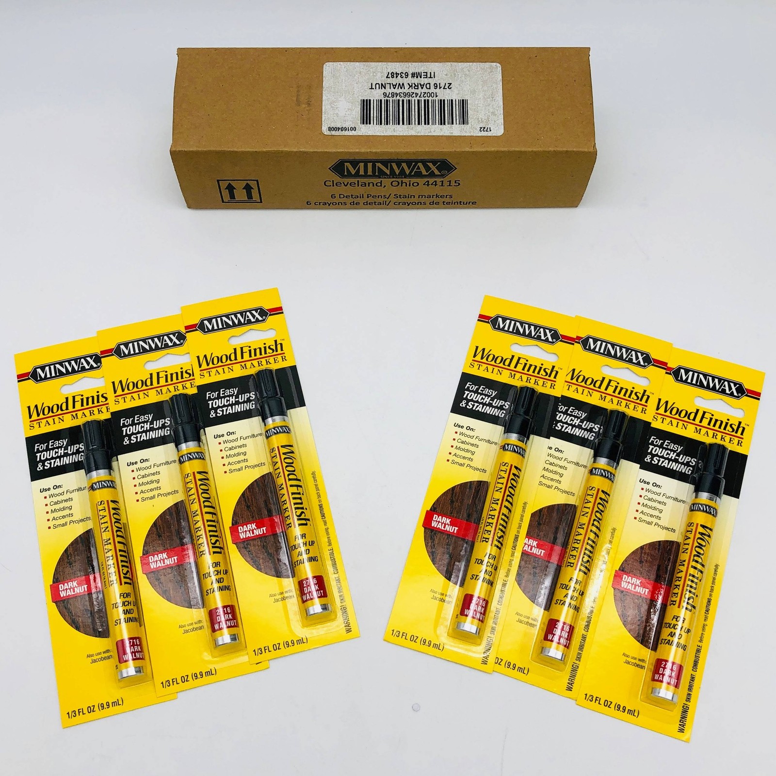Miniwax Dark Walnut 2716 Stain Marker 1/3 FL OZ Wood Finish Touch Ups Pack of 6