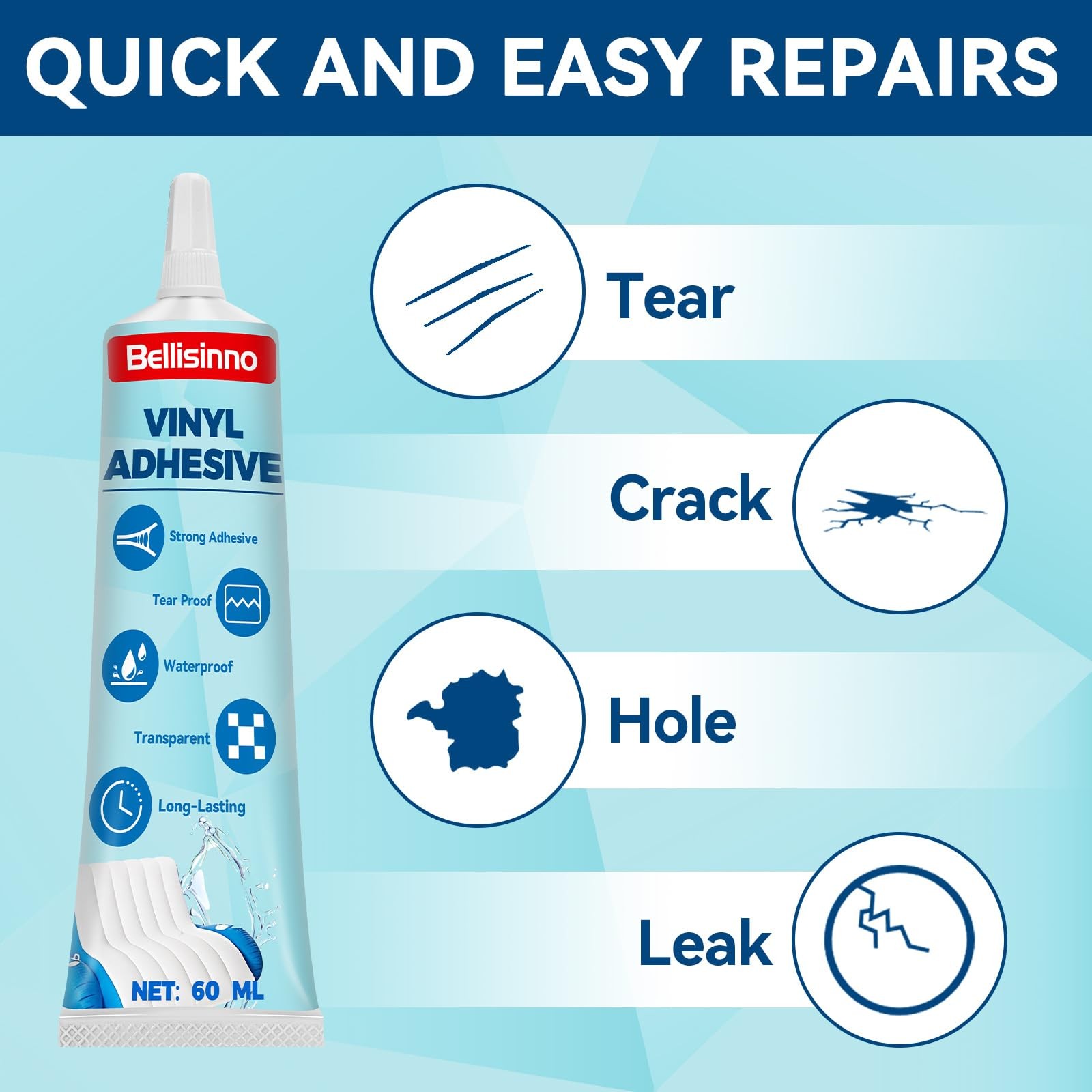 Bellisinno Air Mattress Patch Kit, Waterproof PVC Glue, 60ml, Clear
