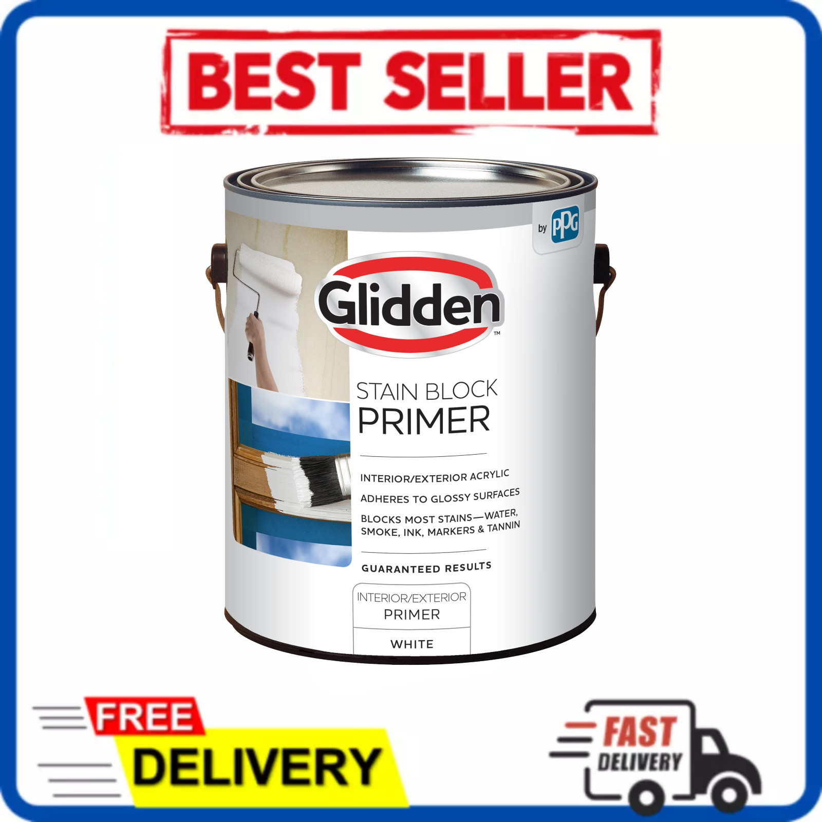 Glidden Interior/Exterior Stain Block Primer Flat White Water-Based 1 Gallon New