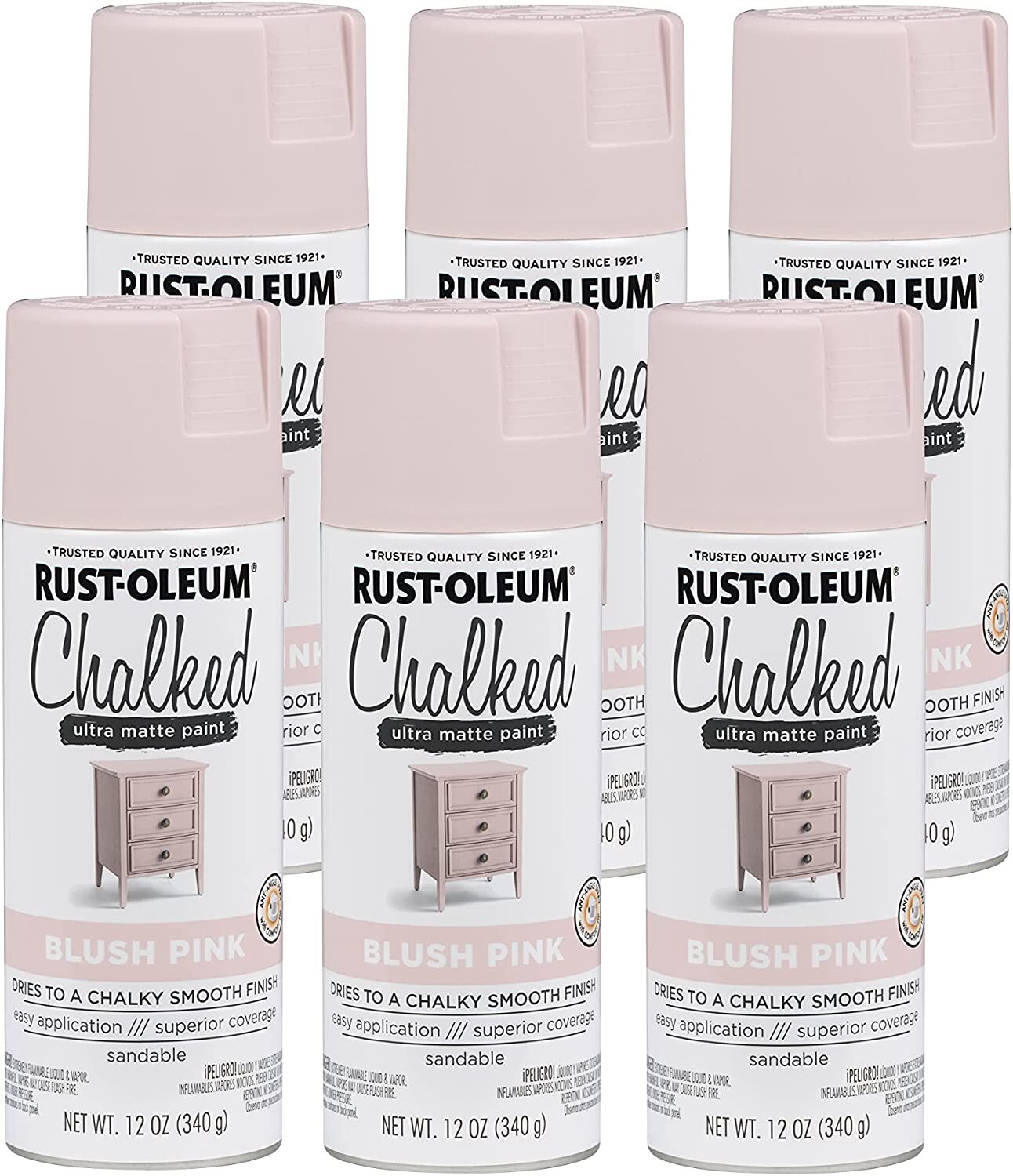 Rust-Oleum 302594 Chalked Ultra Matte Spray Paint, 12 Oz, Blush Pink, Pack of 6