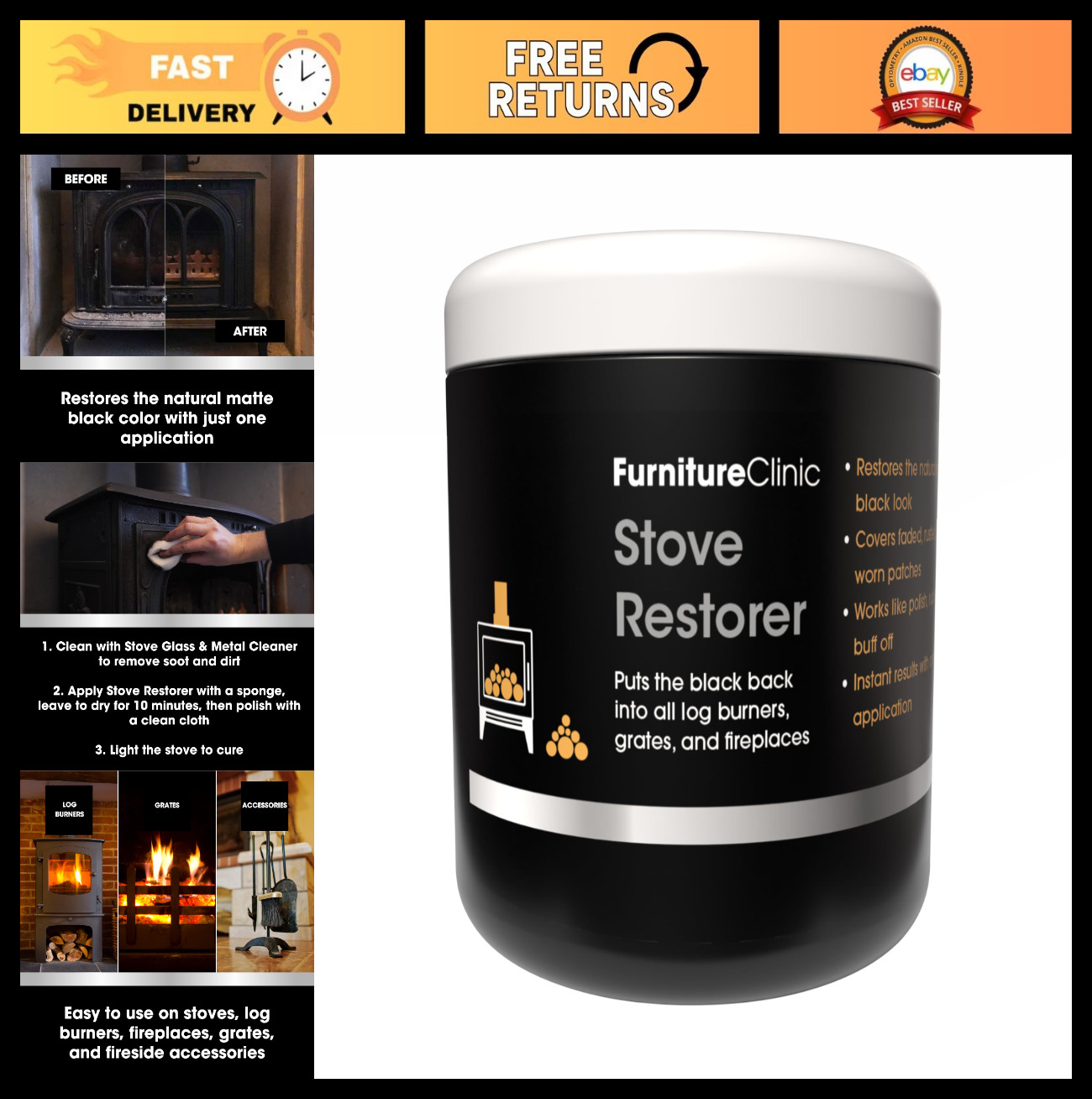 High Heat Matte Black Stove Restorer Paint | Protects Cast Iron & Grates | 8.5oz