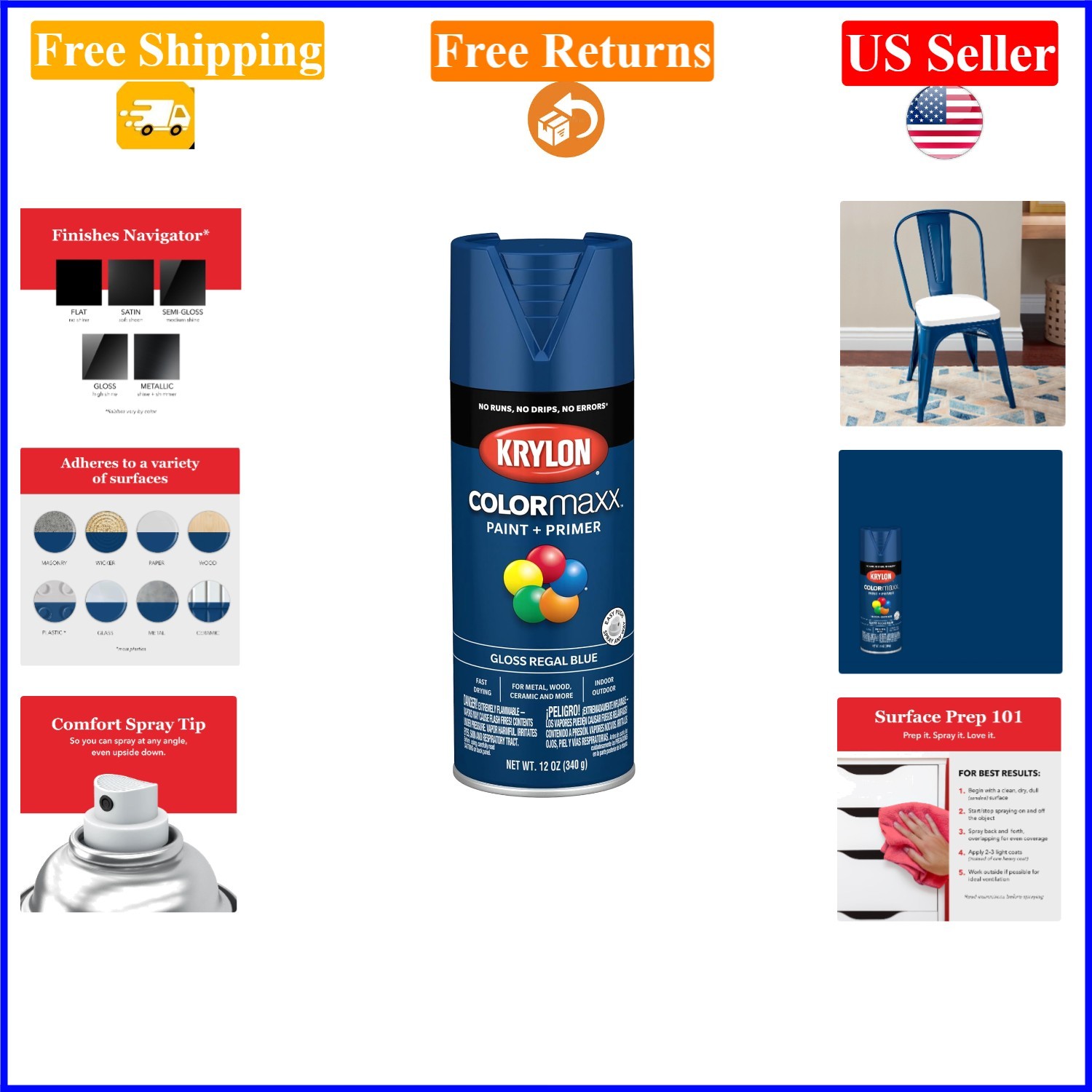 COLORmaxx Regal Blue Spray Paint & Primer 12oz Gloss Indoor/Outdoor