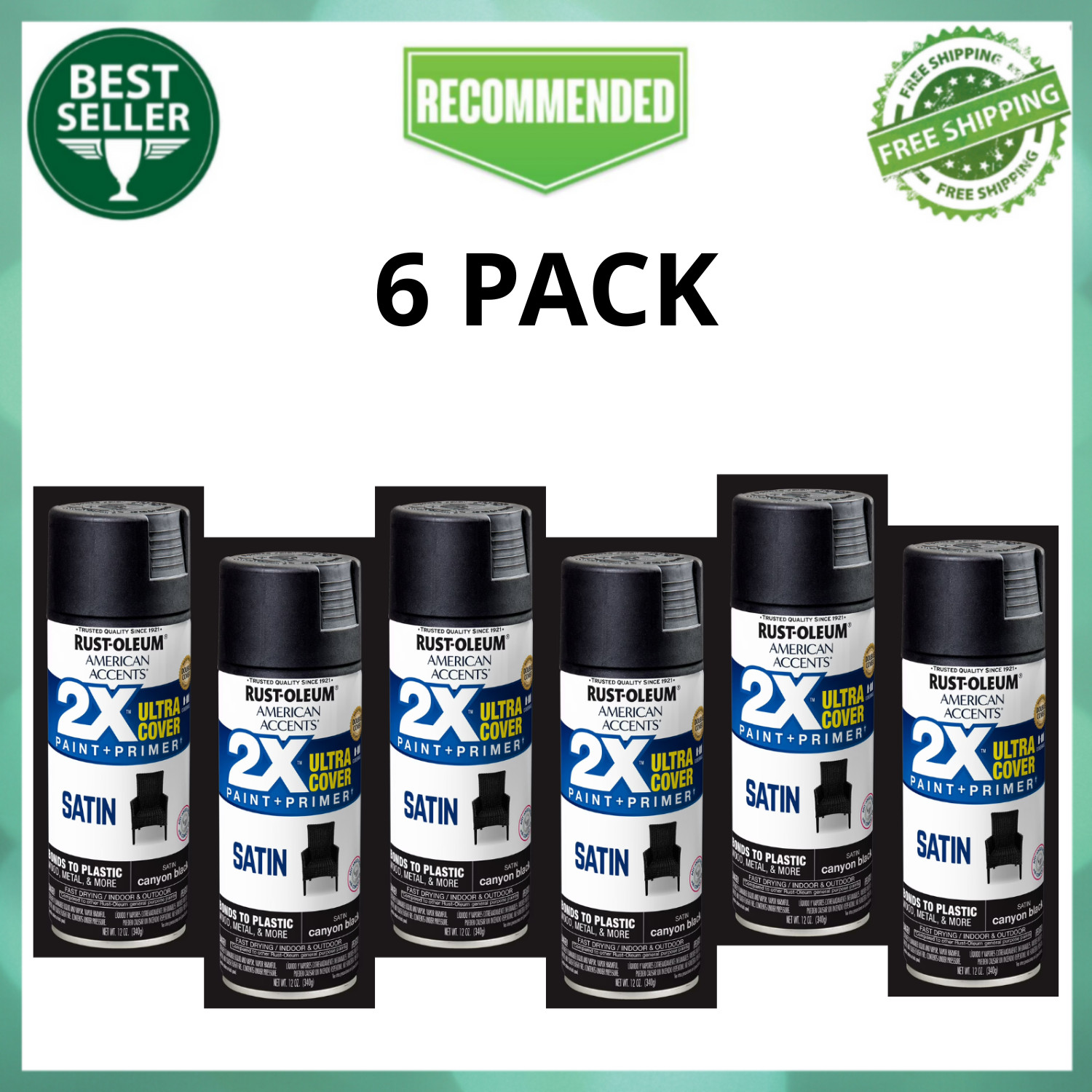 6 Pack Rust-Oleum American Accents 2X Satin Canyon Black Spray Paint 12oz
