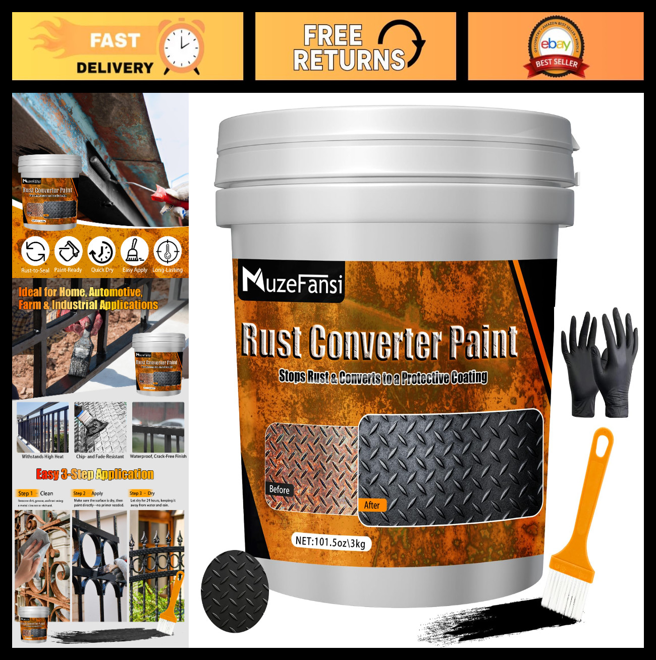 2-in-1 Rust Converter & Metal Primer, 101.5oz Black Anti-Rust Paint, Water-Based