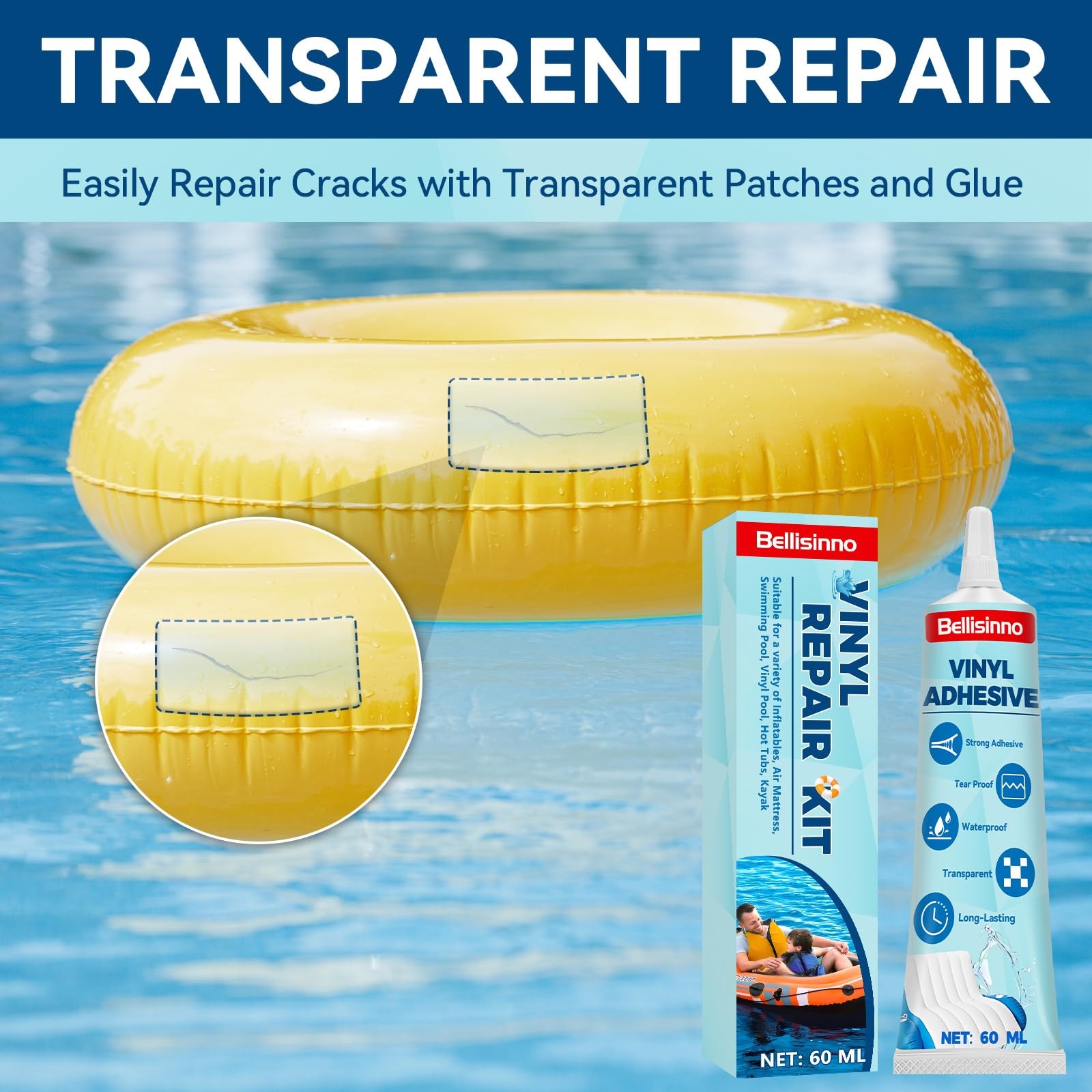 Bellisinno Air Mattress Patch Kit, Waterproof PVC Glue, 60ml, Clear