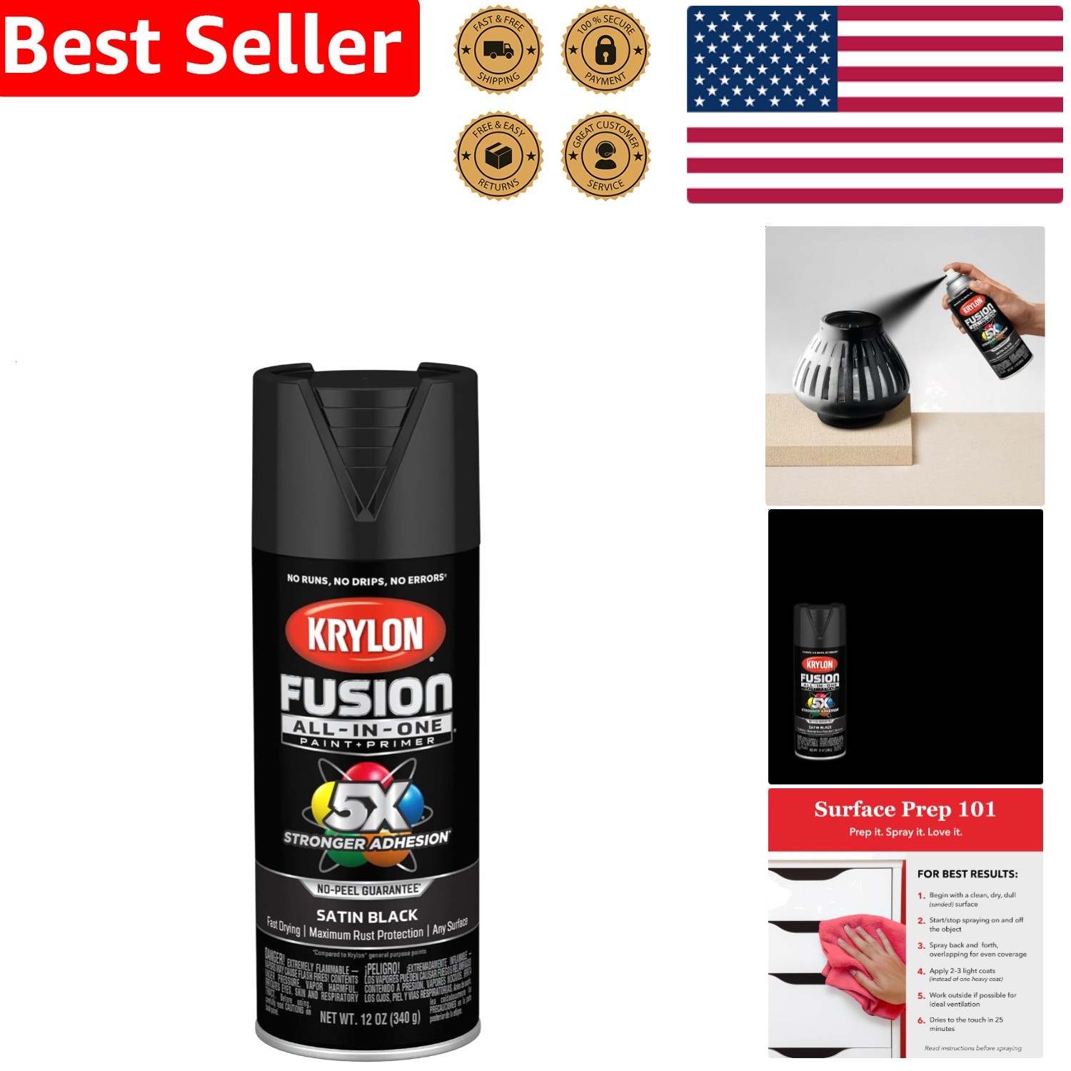 Fusion Adhesive Spray Paint Black 12oz Indoor Outdoor Fast Dry Rust Protection