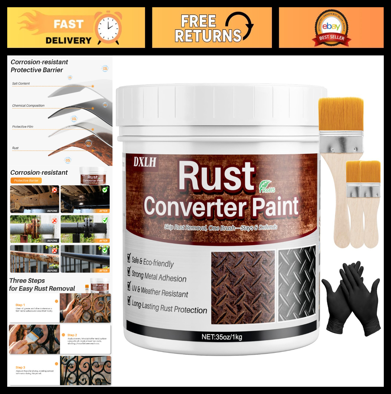 2-in-1 Rust Converter & Metal Primer, 35oz Black Rust Reformer Paint, No Sanding