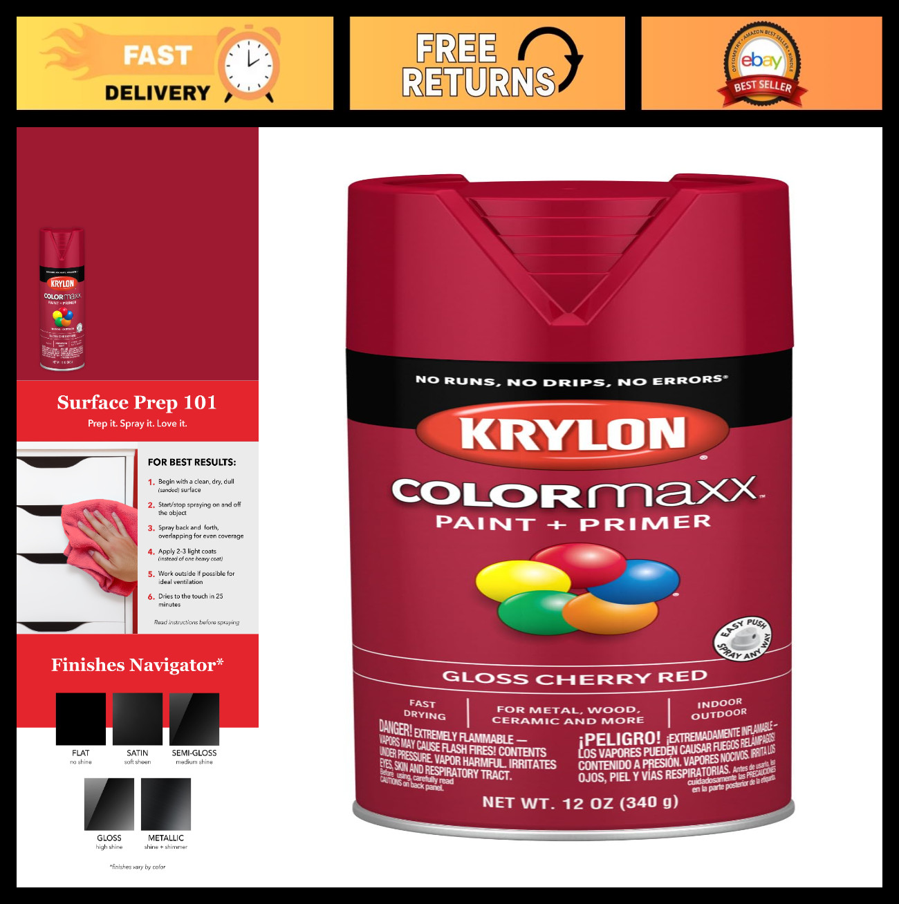 Gloss Cherry Red Spray Paint & Primer – Indoor/Outdoor Use, 12 oz, Fast Drying