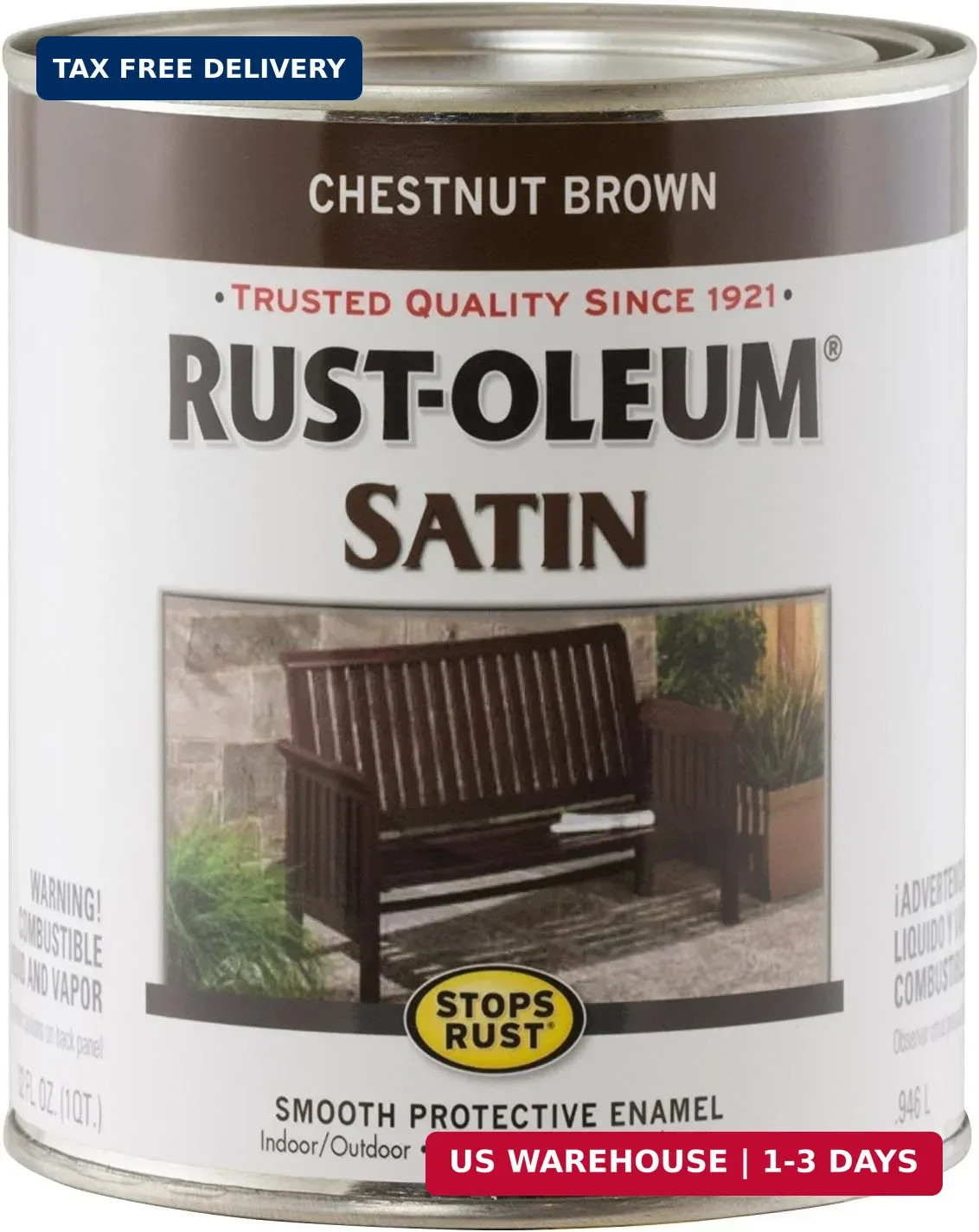 Rust-Oleum 7774502 Stops Rust Brush On Paint, Quart, Satin Chestnut Brown
