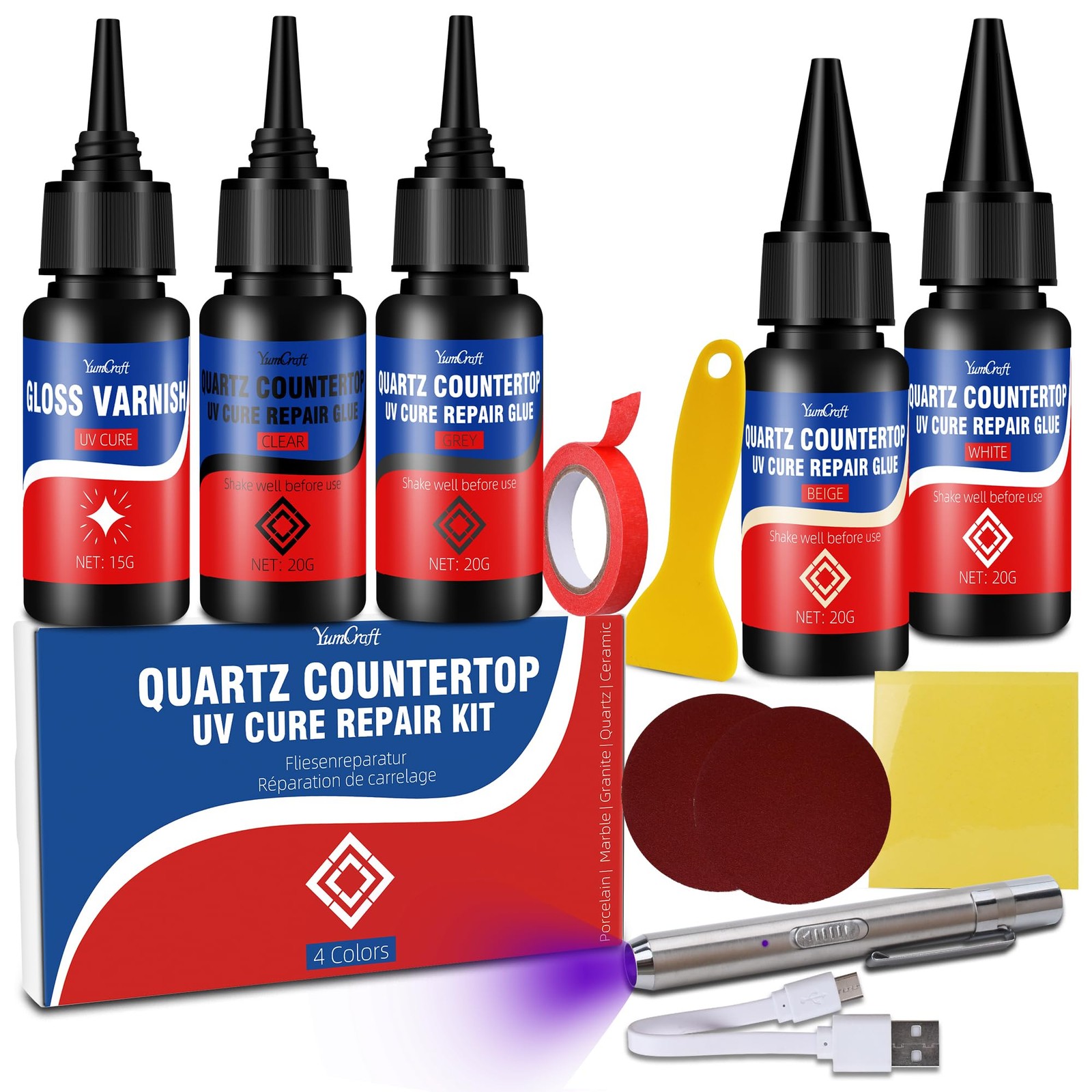 Quartz Countertop Repair Kit 30s UV Light Cure, 4 ColorsWhite, Gray, Beige, C…