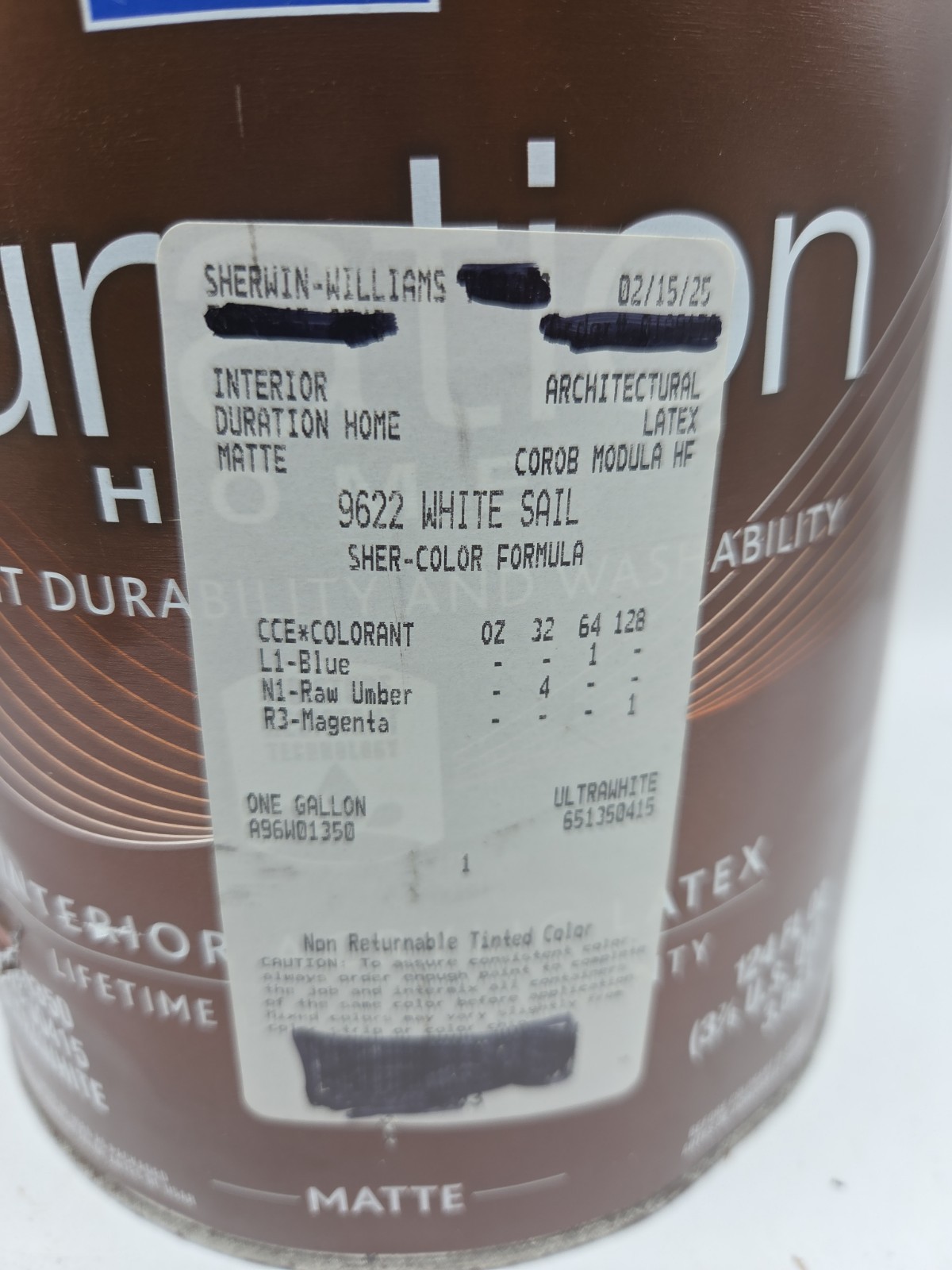 1 Gallon Sherwin Williams Duration Interior Matte Color 9622 White Sail