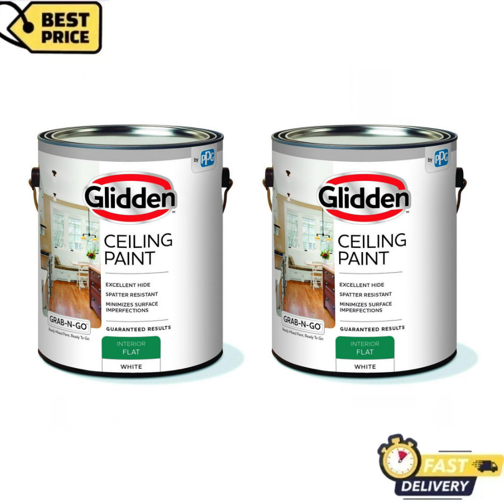 2 Pack Glidden Grab-N-Go Interior Ceiling Paint, Flat White, 1 Gallon, Fast Dry