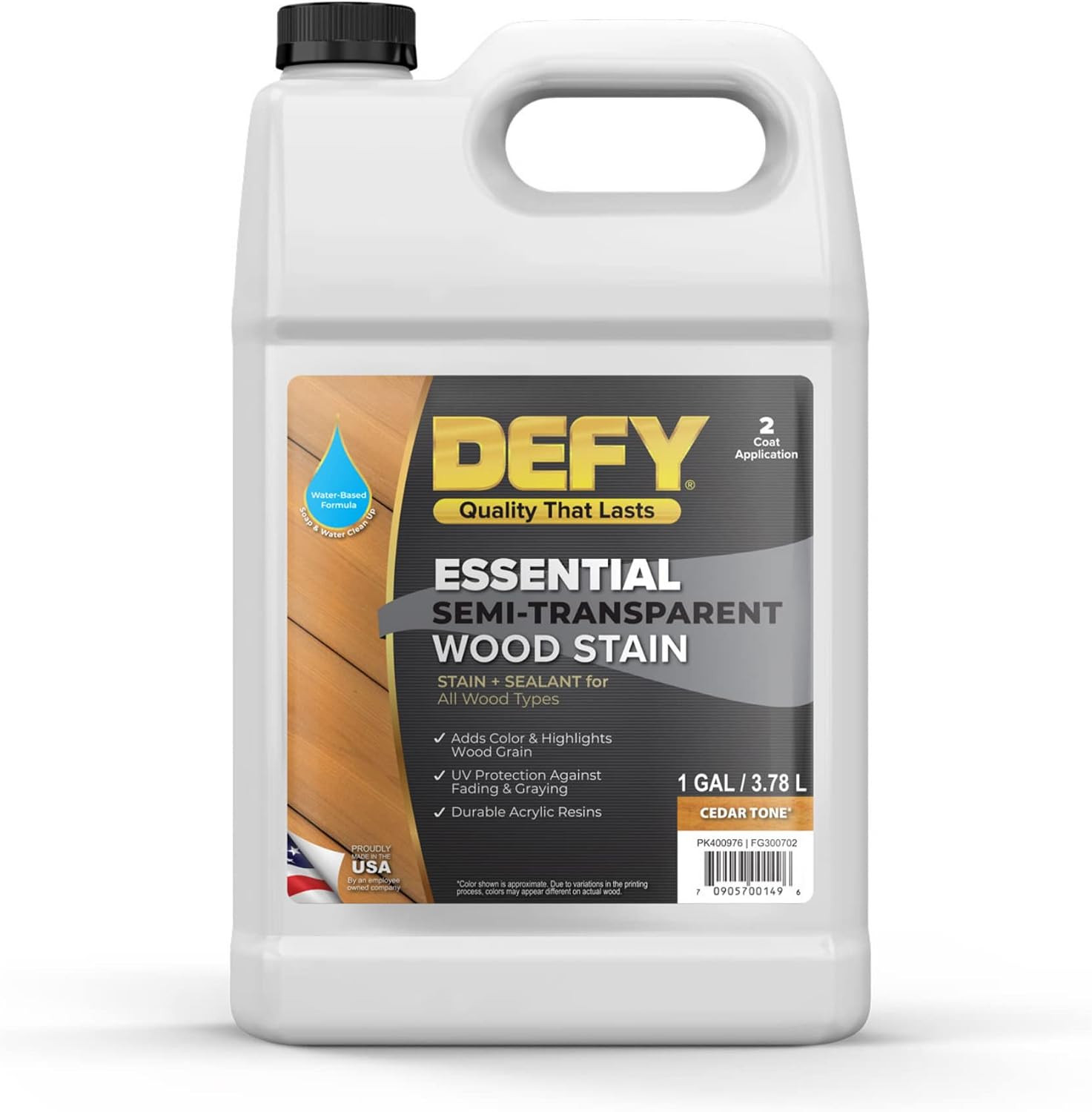 DEFY Essential Semi-Transparent Outdoor Wood Stain and Sealer in One, 1 Gallon,