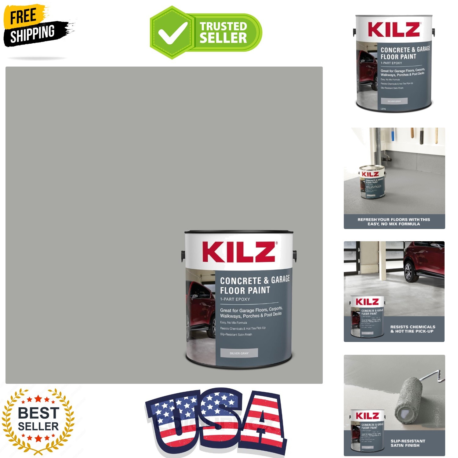 1-Part Epoxy Acrylic Concrete & Garage Floor Paint, Silver Gray, Satin, Inter…