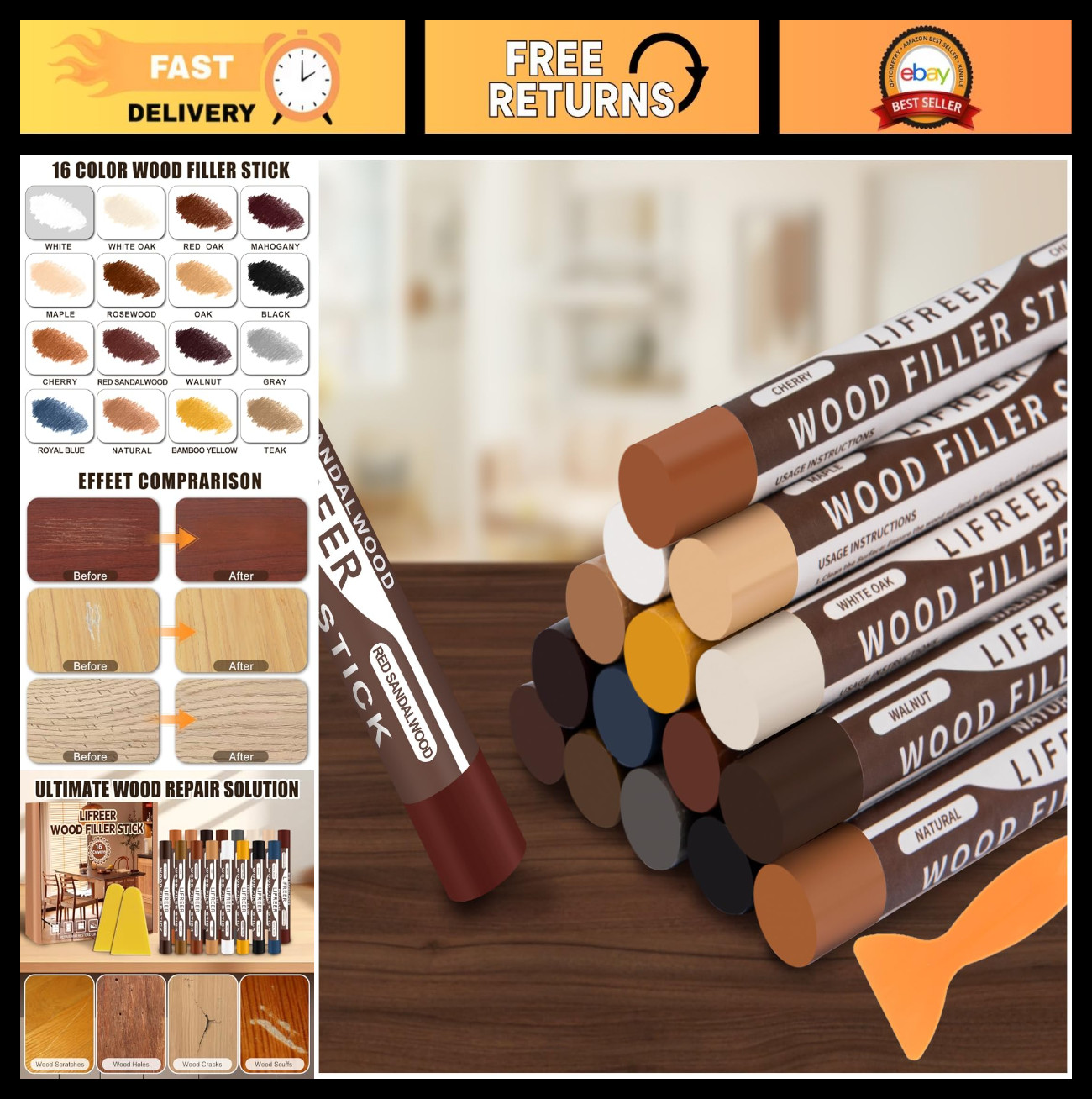 Wood Filler Sticks – 16 Color Touch Up Crayons for Scratches, Scuffs, Cracks, Fu