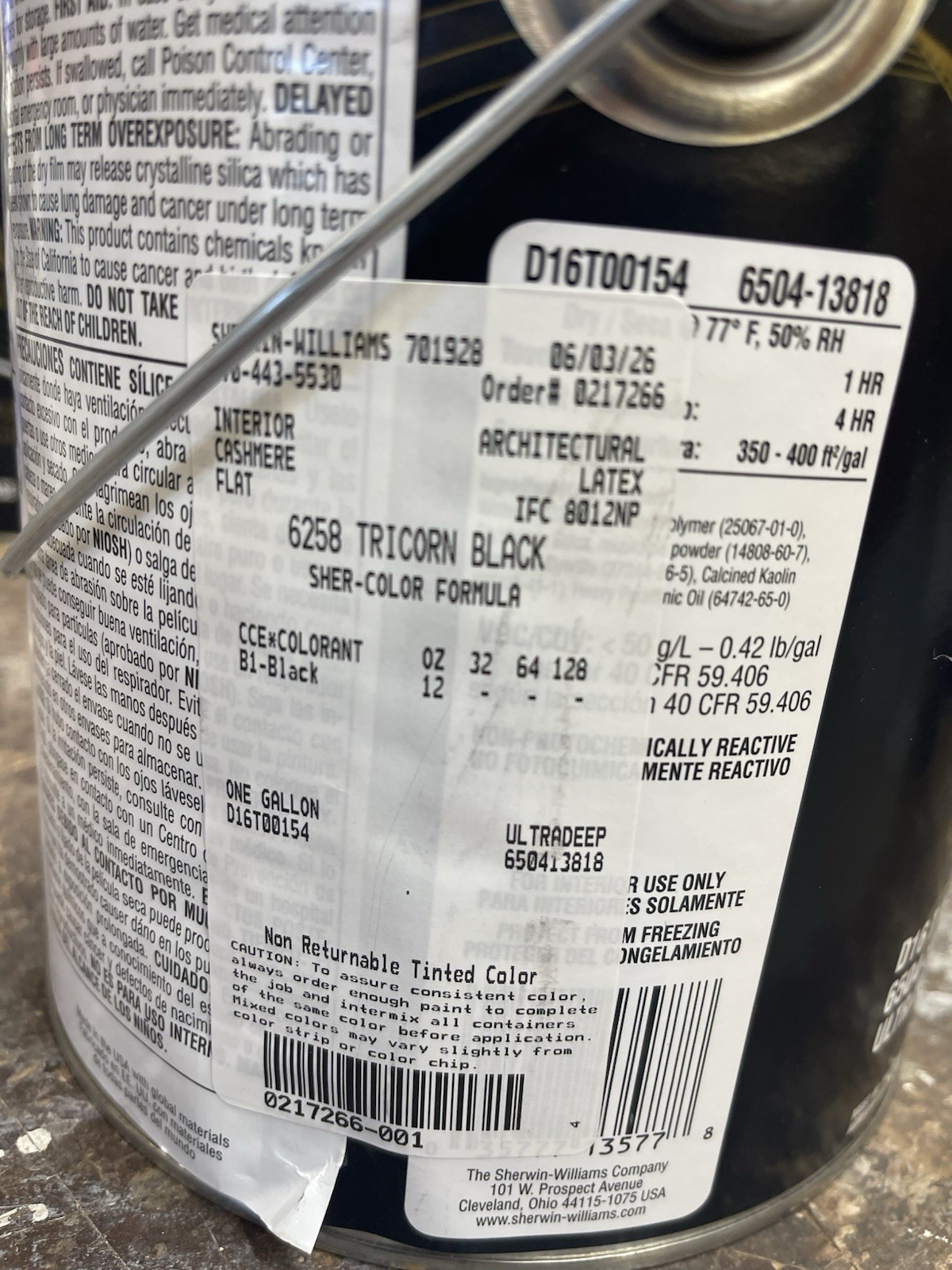 1 Gal. Sherwin Williams Cashmere Interior Flat Enamel Color 6258 Tricorn Black