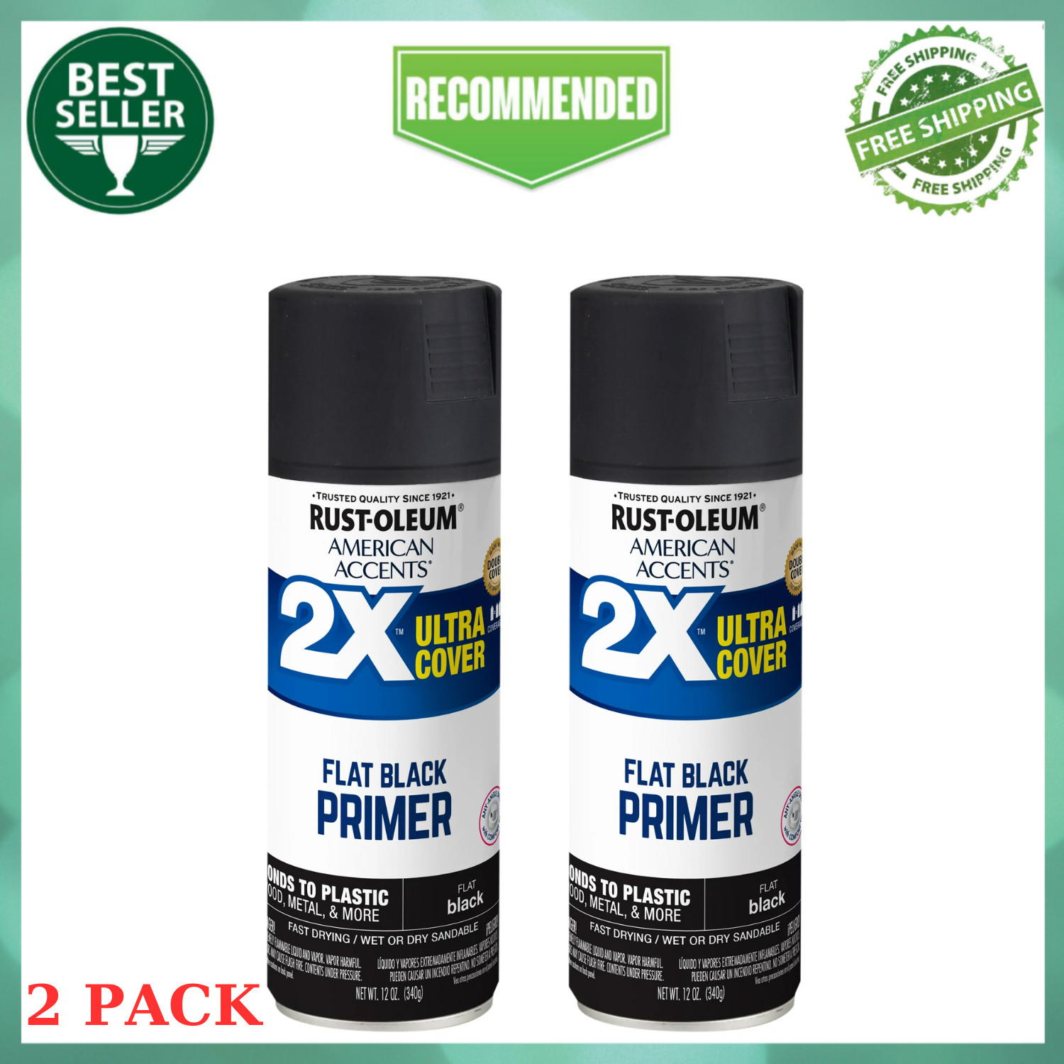 (2 Pack) Black Primer, American Accents 2X Ultra Cover Flat Spray Paint – 12 oz
