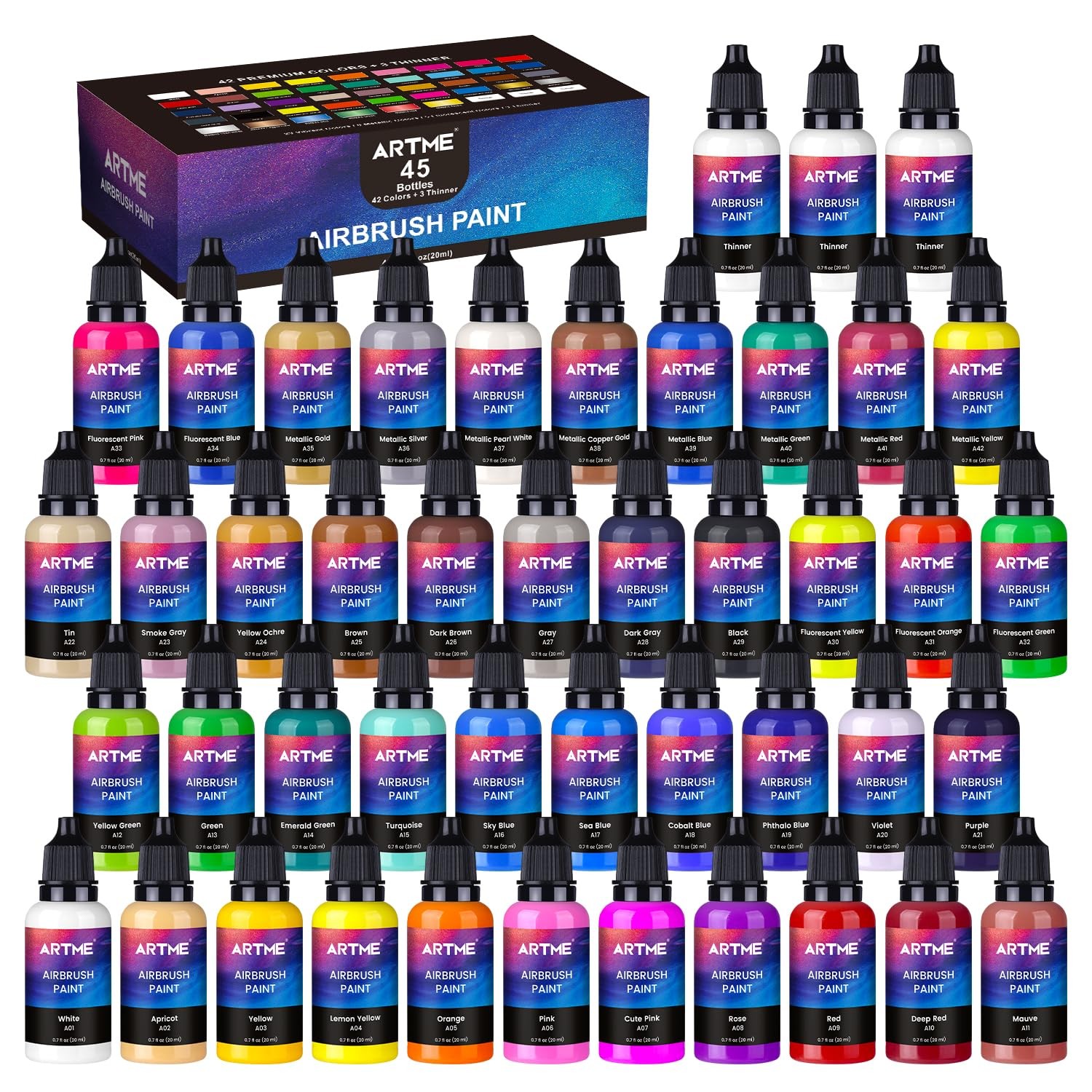 Airbrush Paint, 42 Colors with 3 Thinner, Ready to Spray, Opaque & Water Base…